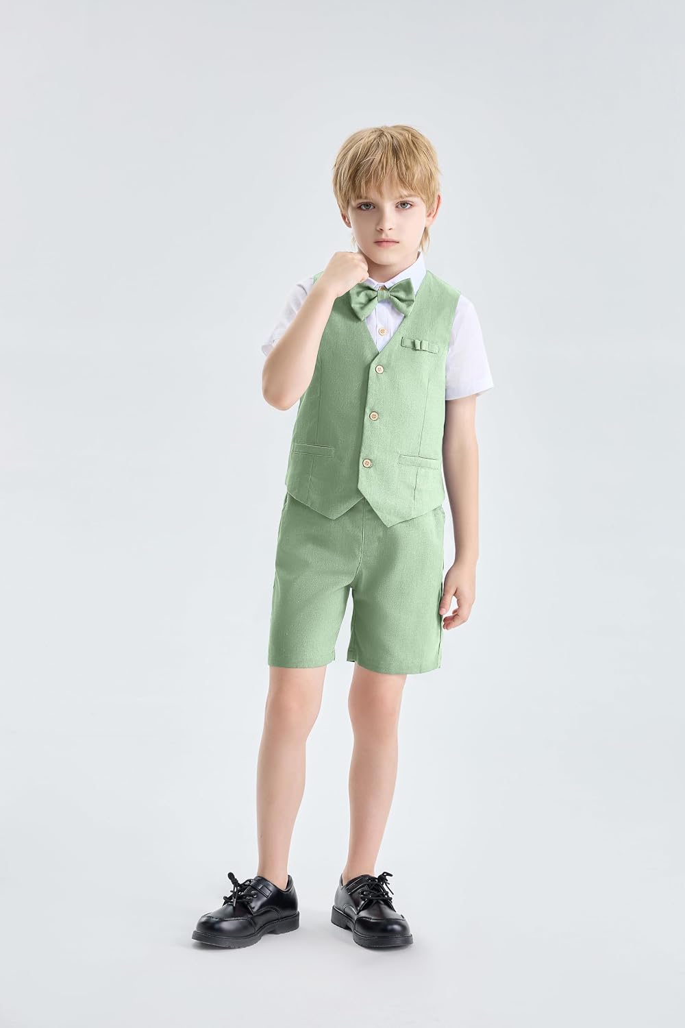 Detalle de Set cerimonia bambino LOLANTA 4 pezzi in lino (gilet, pantaloncini, camicia e papillon)