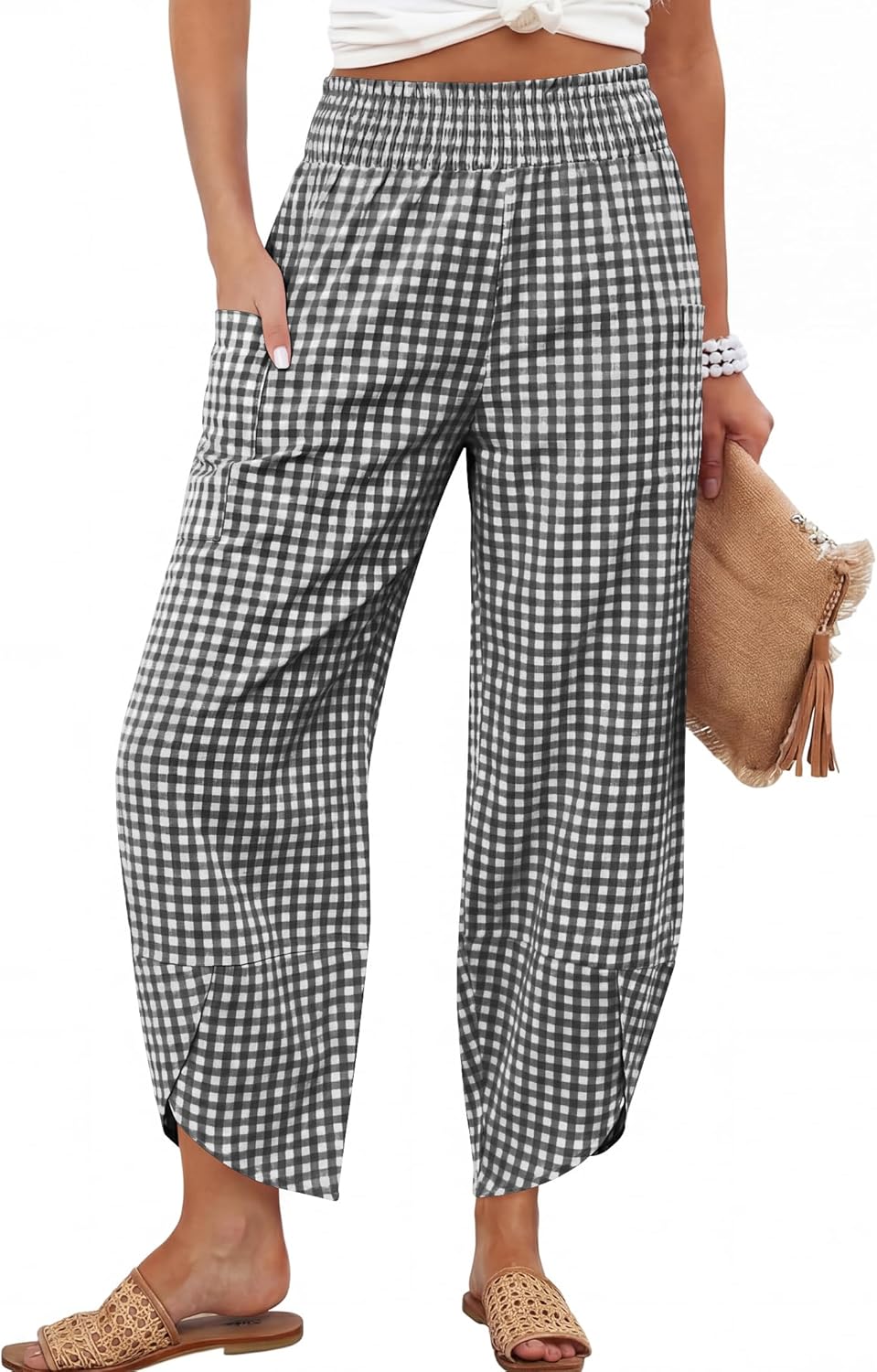 Thumbnail 6 de ANRABESS Women’s Capri Palazzo Wide-Leg Pants with Smocked High Waist