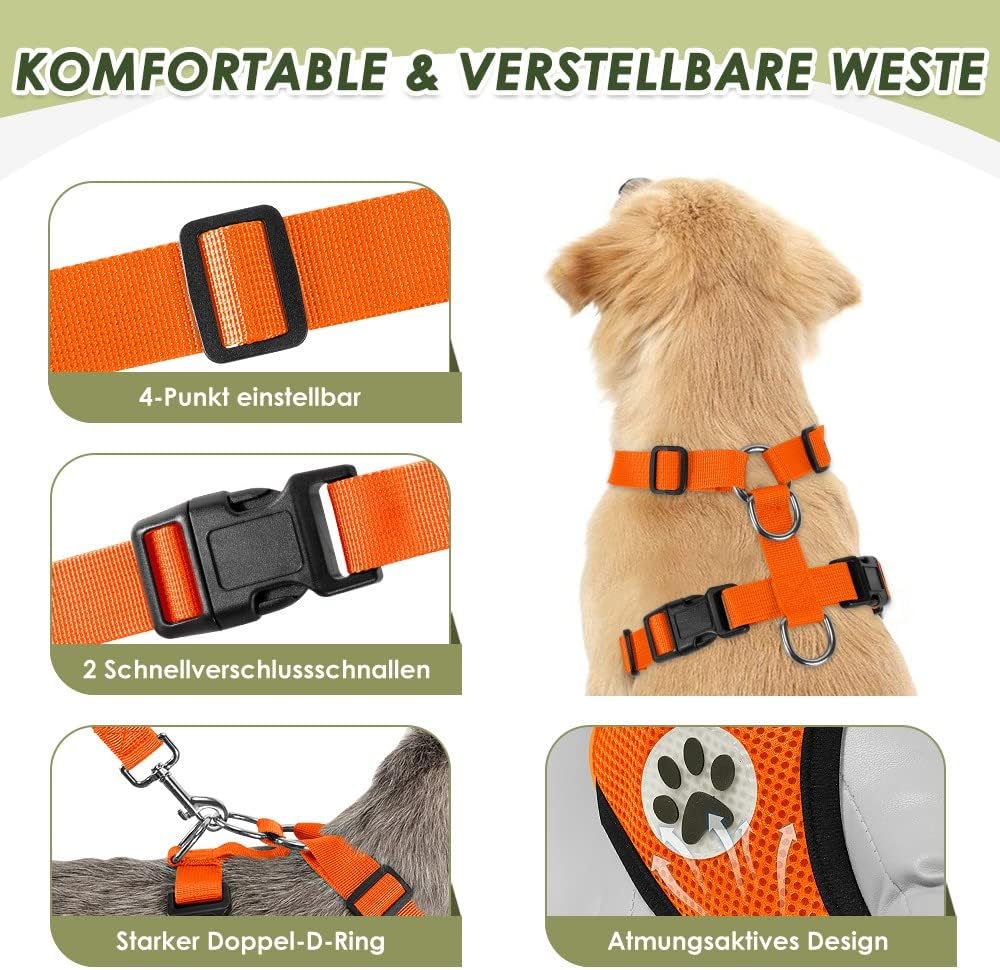 Detalle de SlowTon Hundegeschirr mit Sicherheitsgurt fürs Auto (mit 2 Karabinern, Orange, M)