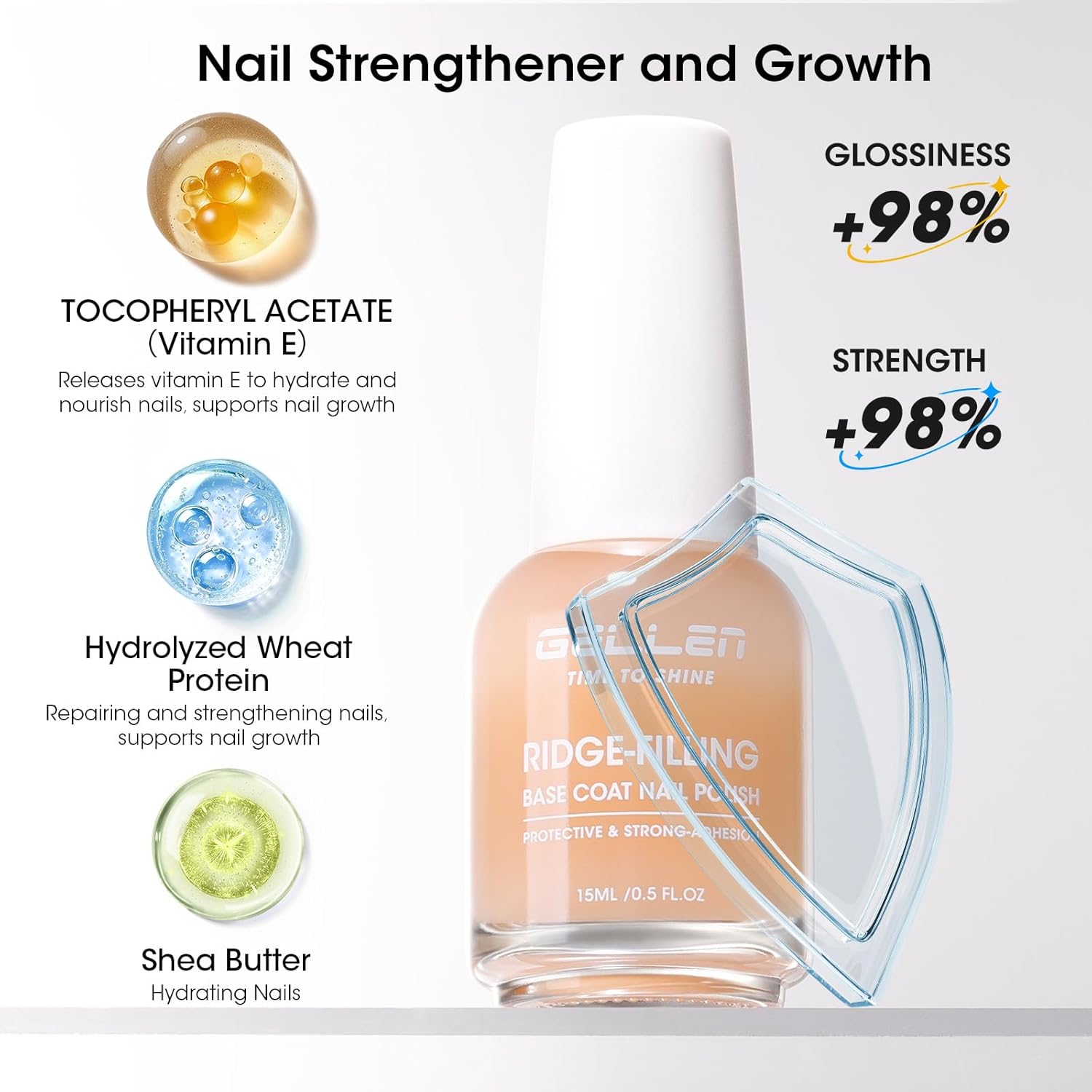 Detalle de GELLEN Clear Nail Polish Ridge Filling Base Coat – 3-in-1 Nail Strengthener, Ridge Filler & Growth Support