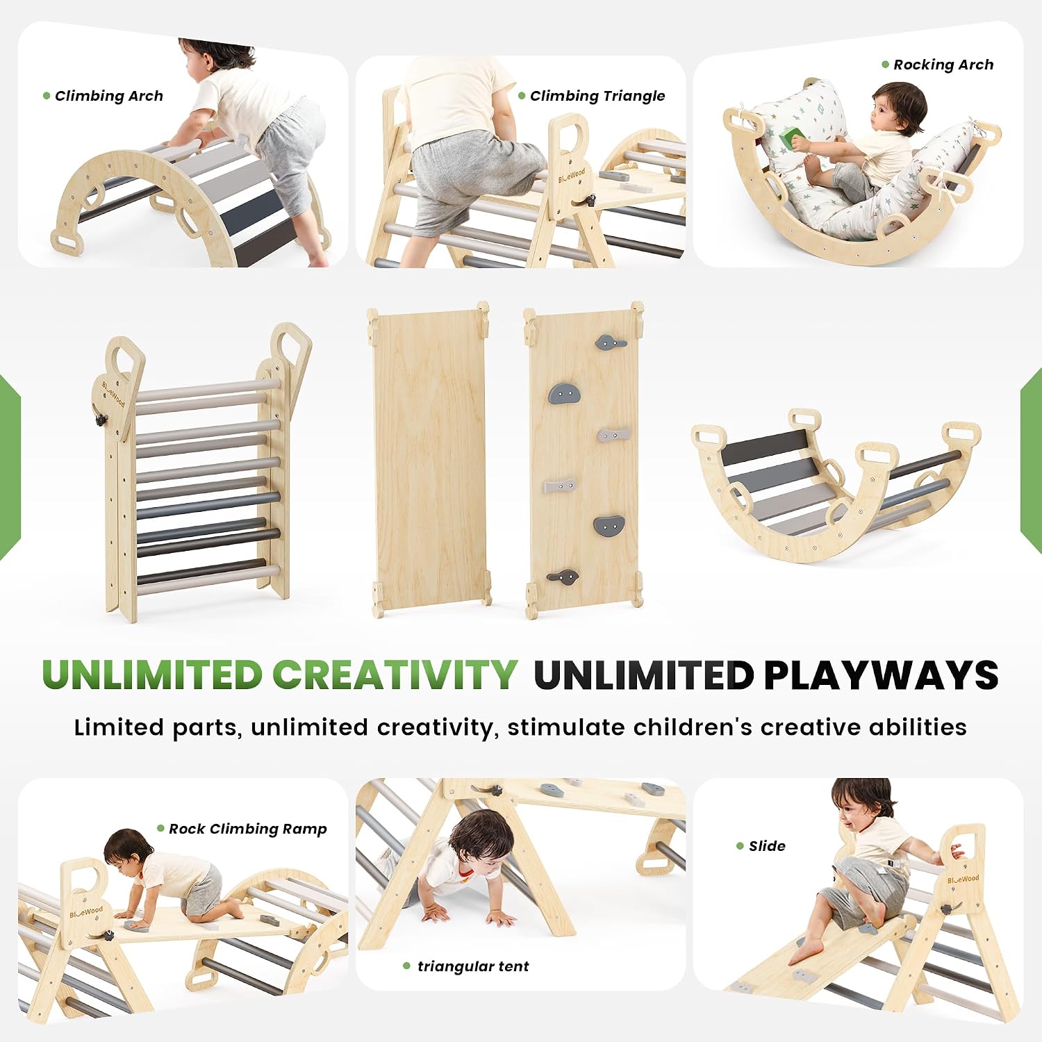 Detalle de BlueWood Pikler Triangle Set with Cushion — 8-in-1 Montessori-Inspired Climbing Toy