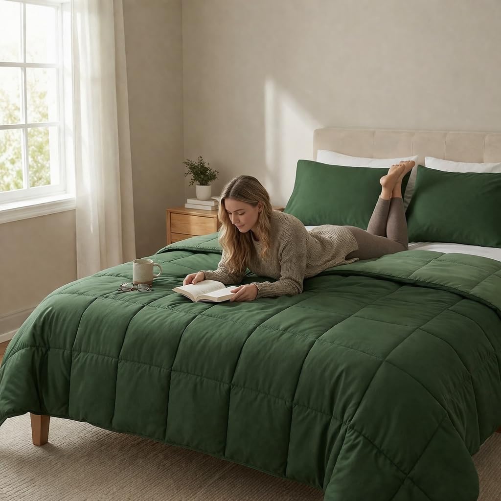 Thumbnail 2 de HIG 3pc Green Queen Comforter Set (All-Season Reversible Down Alternative) with Corner Tabs
