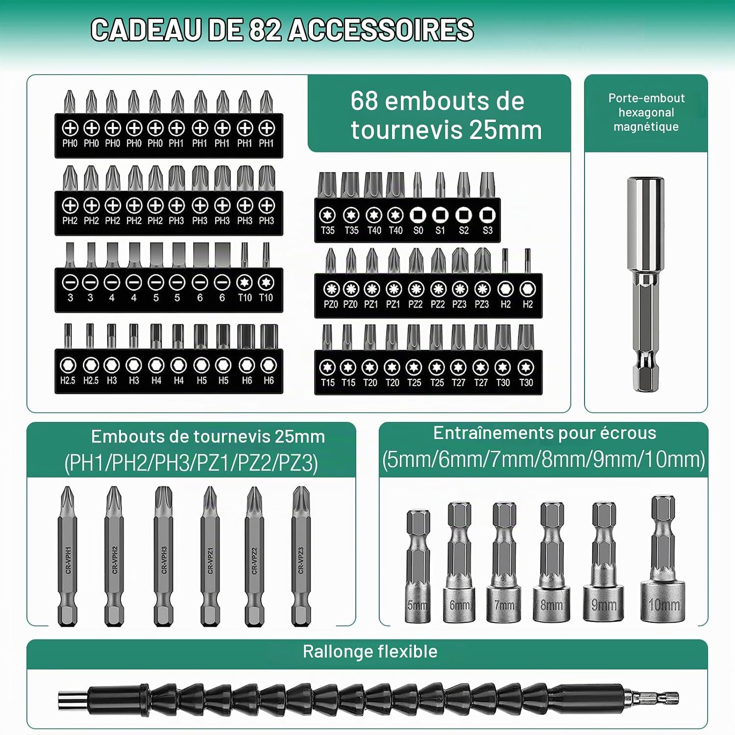 Detalle de POSENPRO PCCS54GV - 2 accuschroevendraaier, 8 V, 10 Nm en 82 accessoires