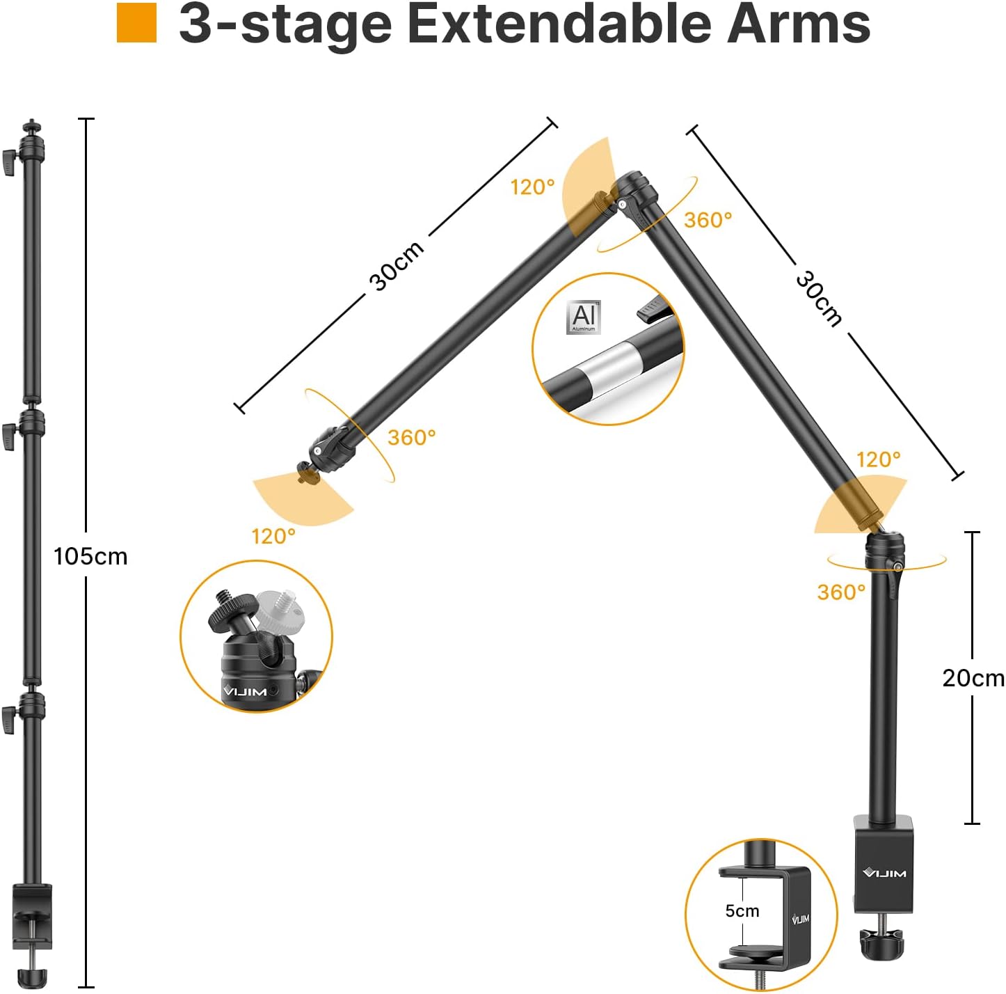 Thumbnail 1 de ULANZI LS08 Overhead Camera Mount: 3-Section Desk Arm for Camera, Microphone and More