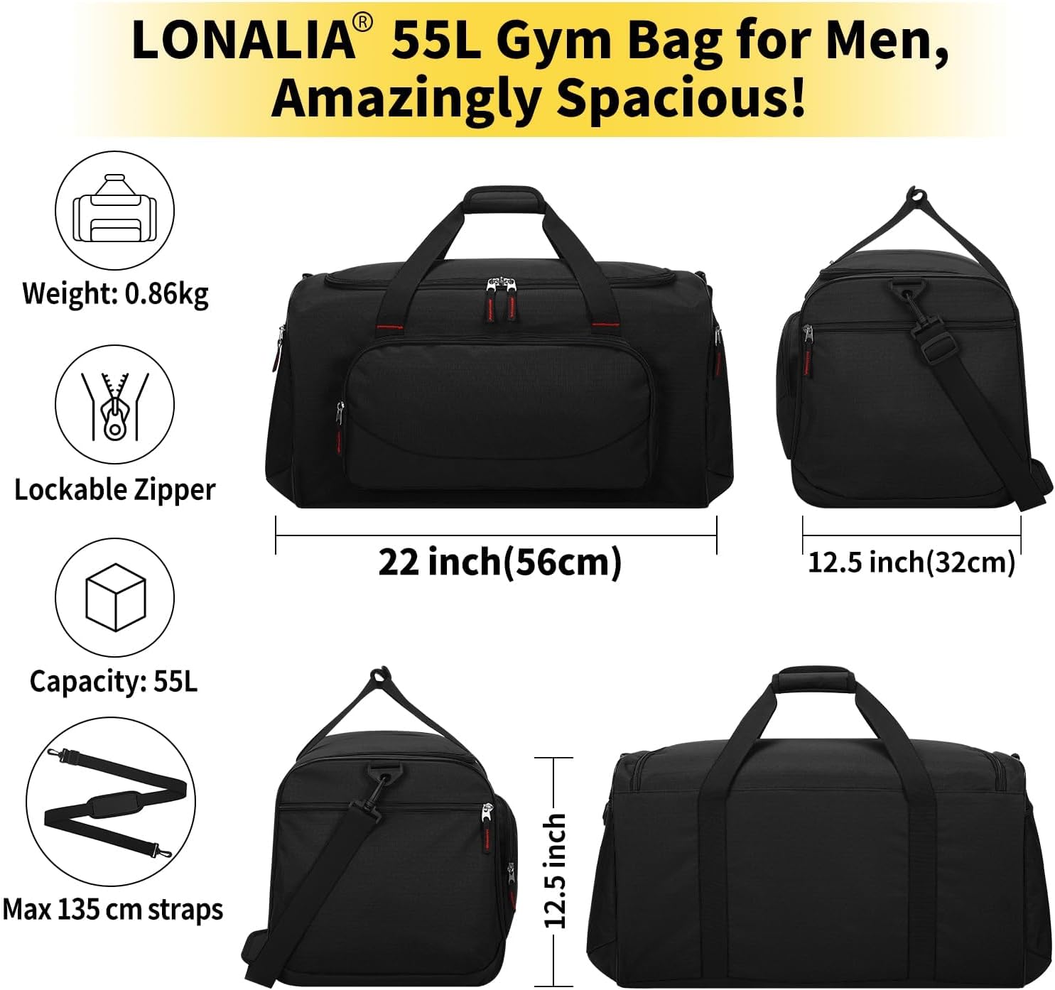 Detalle de LONALIA 55L gym duffle bag 22 inch holdall