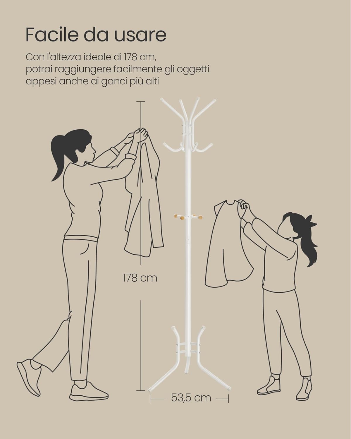 Detalle de SONGMICS Appendiabiti da Terra RCR017W01 – 178 cm, 12 ganci, metallo bianco perla