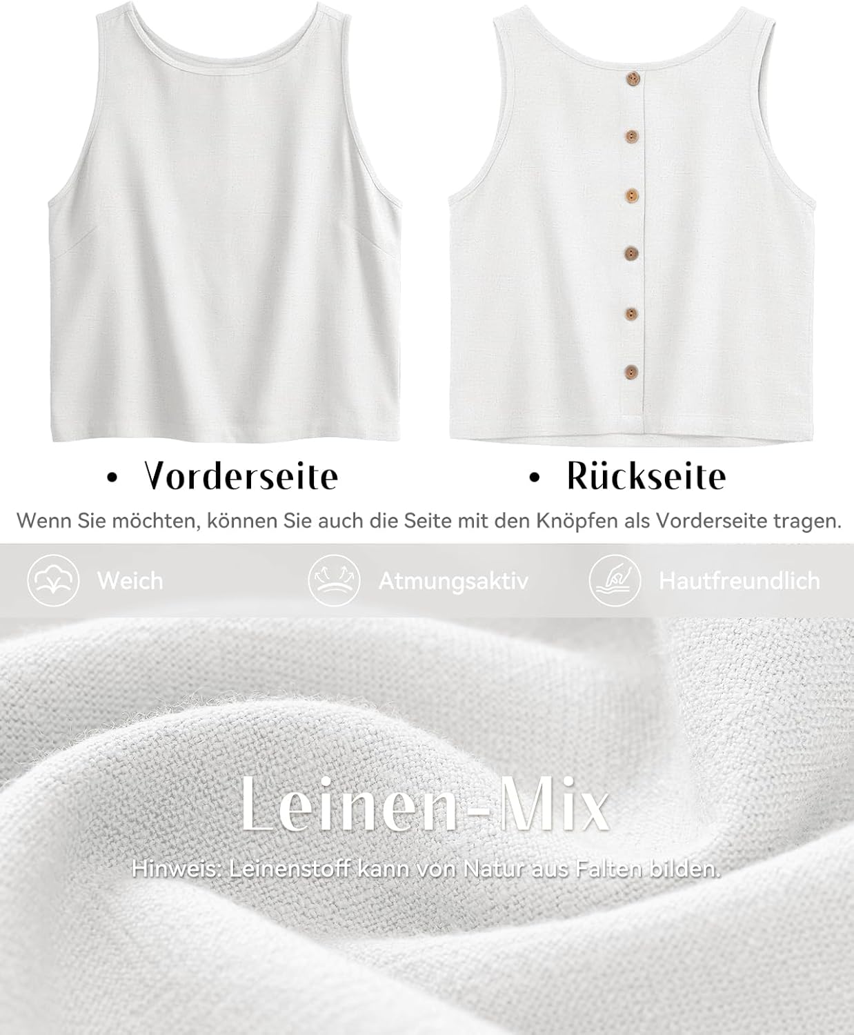 Thumbnail 3 de Tanmolo Leinen-Tanktop für Damen mit Knopfdetail am Rücken – ärmellos, kurz & sommerlich