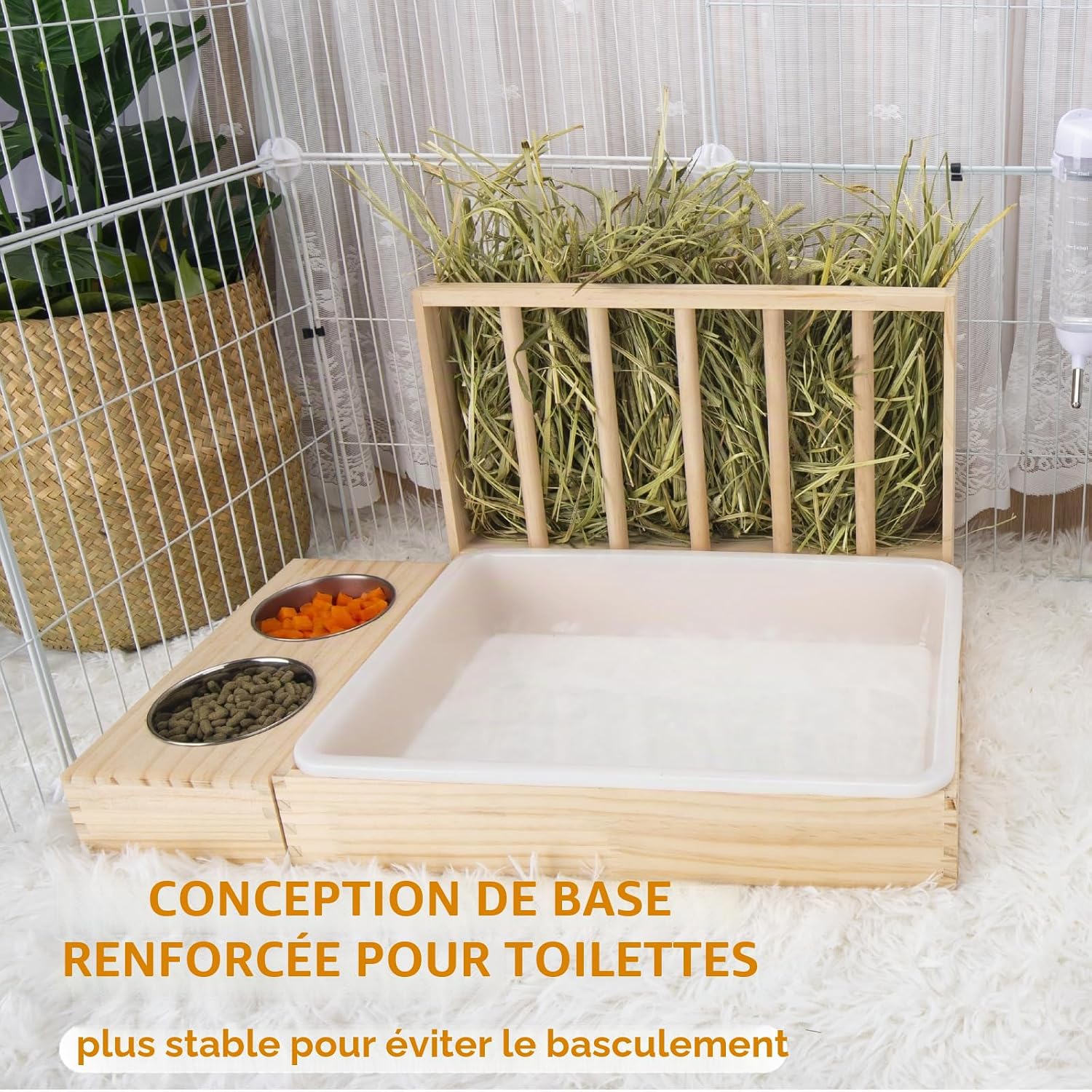 Thumbnail 4 de BESNEW Mangeoire à Foin 3 en 1 pour Lapin – Bois, Bac à Litière et 2 Bols en Fer