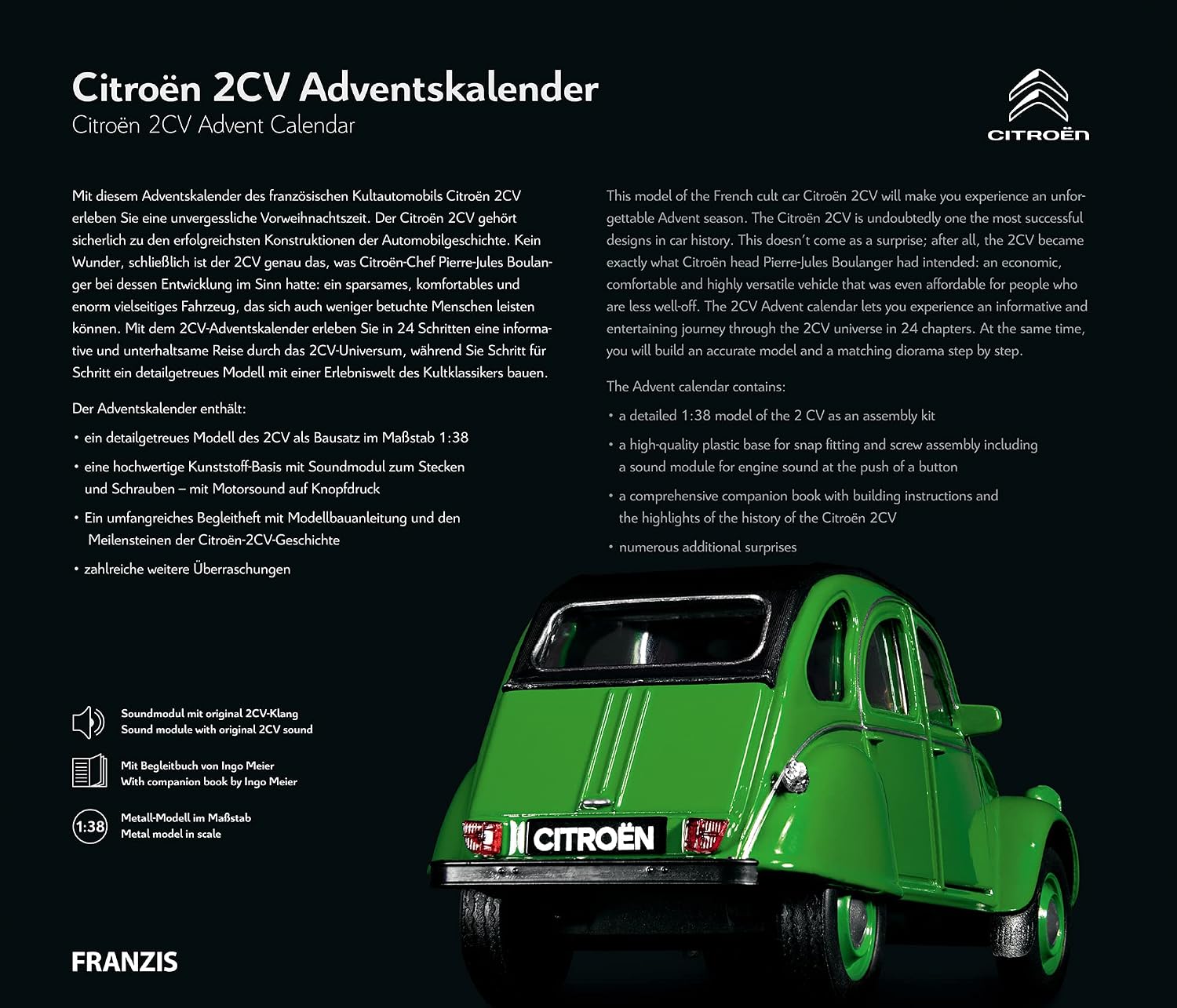Detalle 2 de Franzis 55154 Citroën 2CV Adventskalender grün – Metall-Modellbausatz im Maßstab 1:38 inkl. Soundmodul & Begleitbuch