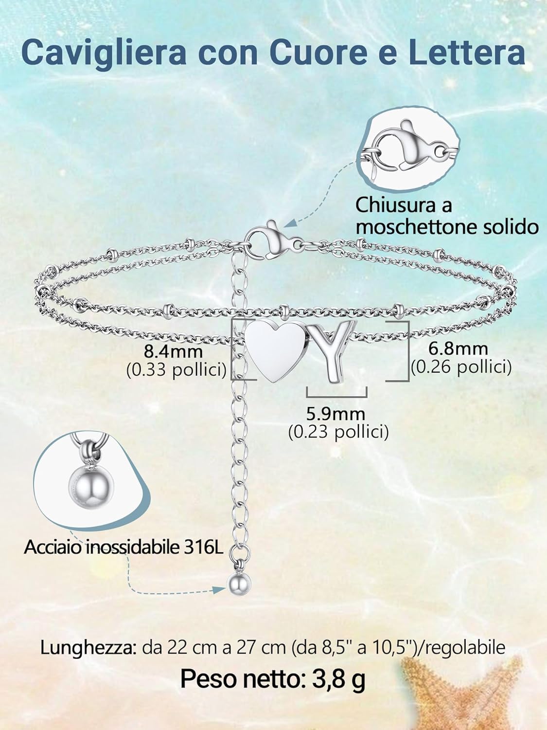 Thumbnail 3 de PROSTEEL A-Z Cavigliera a doppio strato con acciaio inox 316L e cuore iniziale, lunghezza 22+5 cm