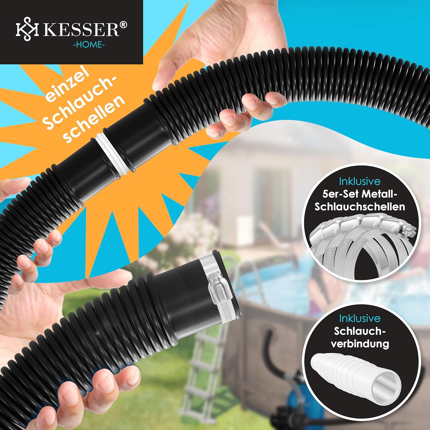 Thumbnail 5 de KESSER® Poolschlauch 12 m, Ø 32 mm – flexibler Schwimmbad-, Saug- und Pumpenschlauch mit Muffen (inkl. Schlauchschellen)