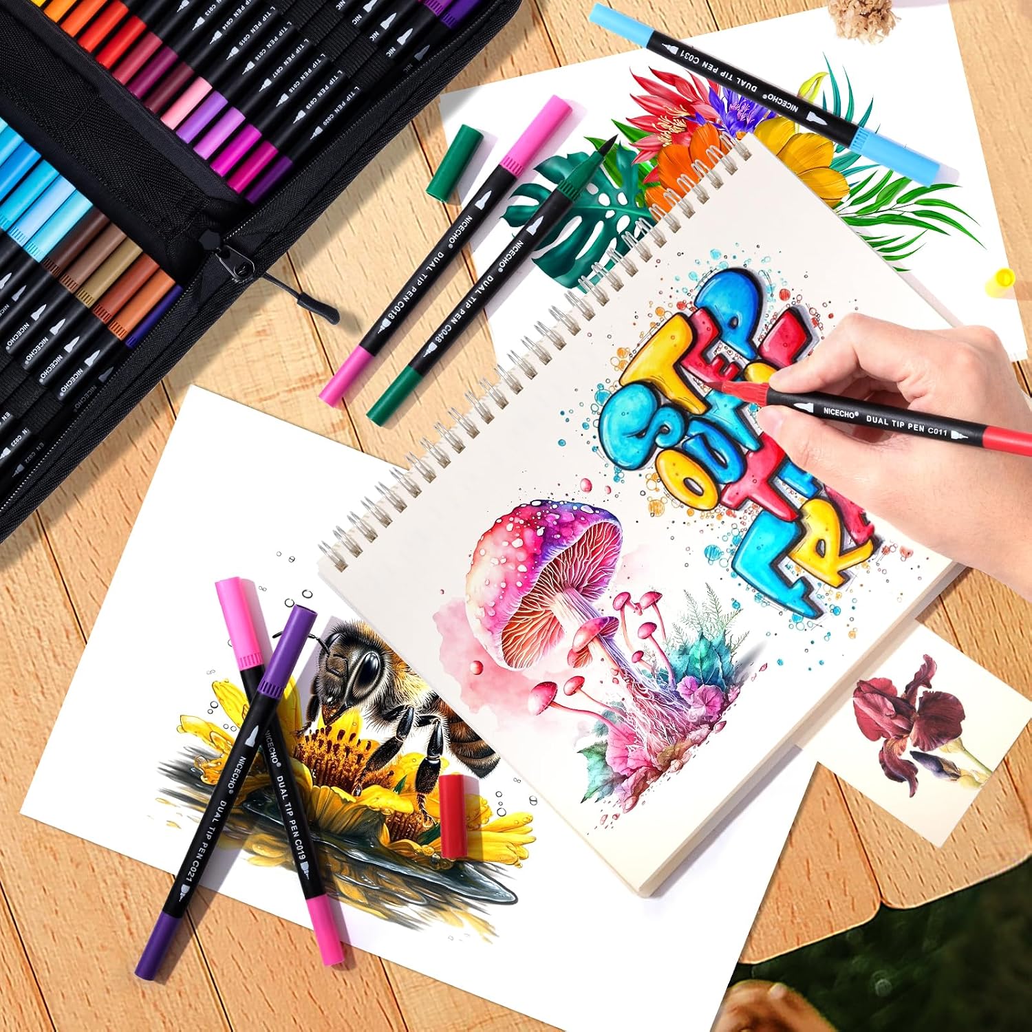 Thumbnail 6 de Nicecho 72-Color Dual-Tip Art Markers with Brush and Fine Tips, Carrying Case