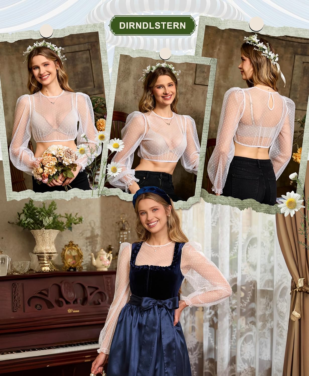 Thumbnail 3 de DIRNDLSTERN Bluse Damen Langarm – Dirndlbluse Transparent mit Punkten, Puffärmel für Oktoberfest