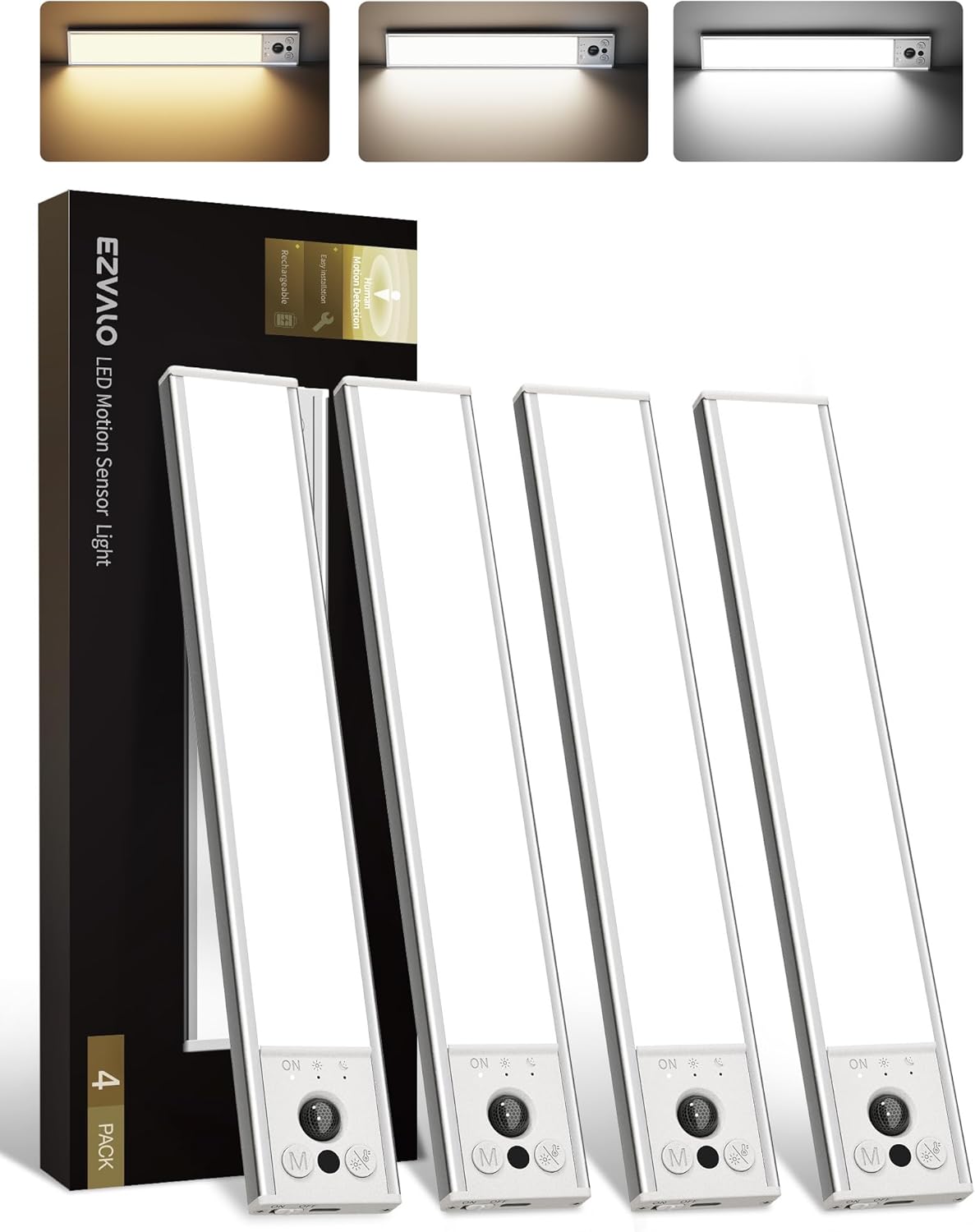 EZVALO 4-Pack Rechargeable Motion Sensor Under Cabinet Lights (2400mAh, 3 Color Temps, Dimmable)