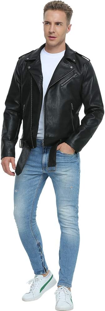 Detalle de Fahsyee Bike Coat Men's Faux Leather Biker Jacket, Slim Fit with Belt