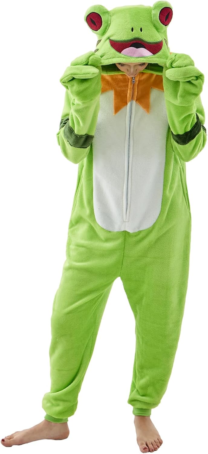 Detalle de NEWCOSPLAY Frog Onesie Pajamas with Flannel, 3D Hood, Zipper and Pockets