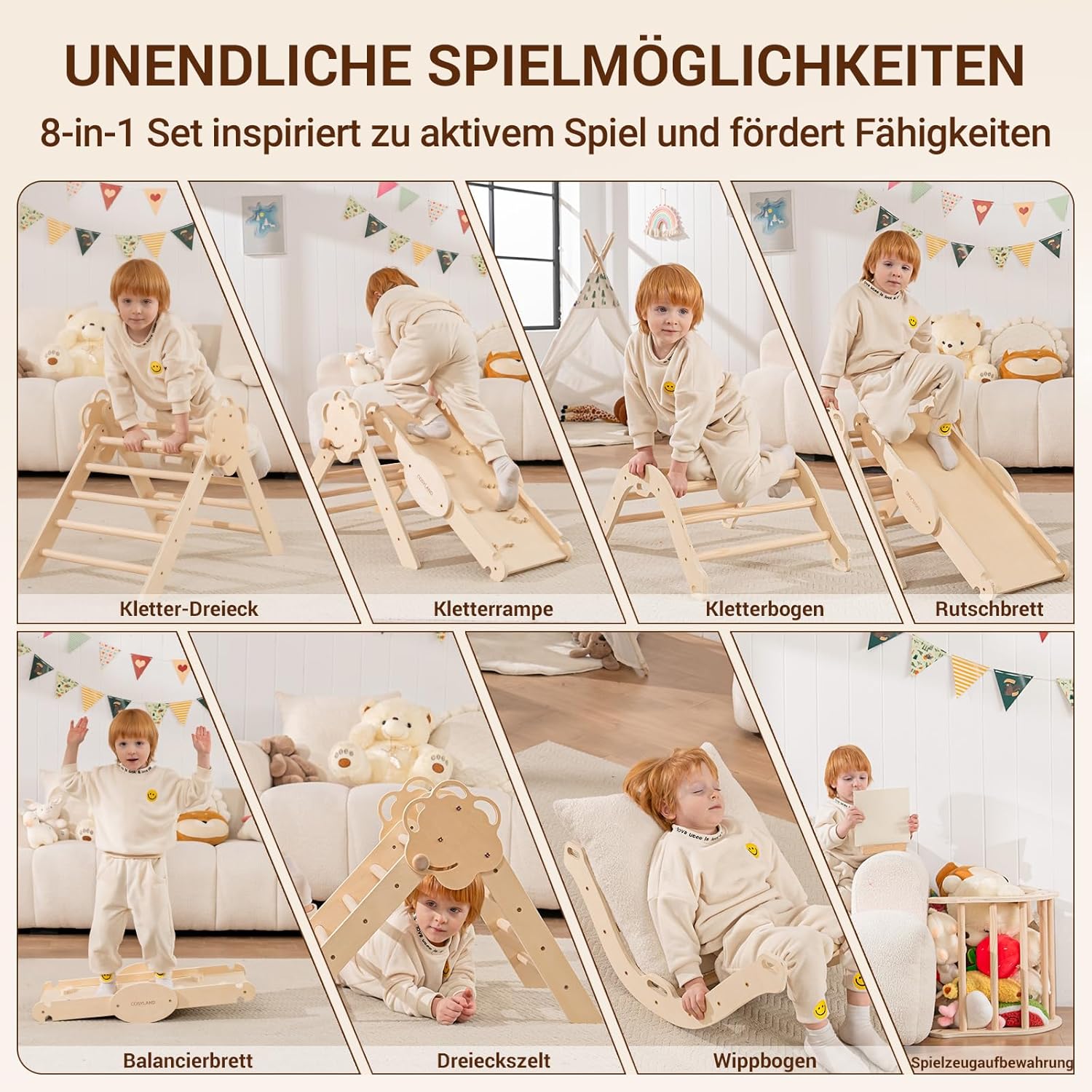 Detalle de COSYLAND 8-in-1 Montessori Klettergerüst Holz – sicheres Spielzimmer-Abenteuer für Kleinkinder