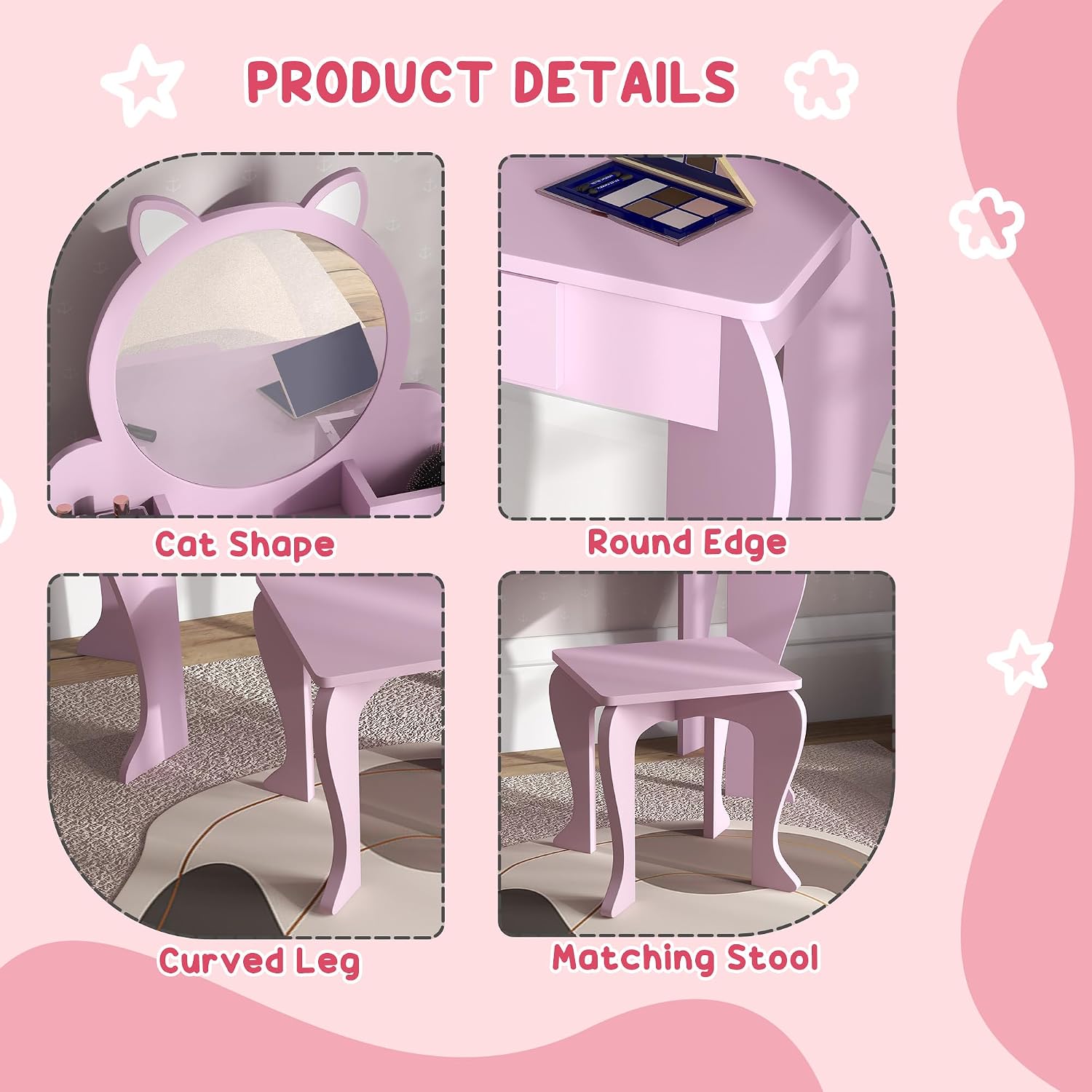 Thumbnail 5 de ZONEKIZ Kids Dressing Table with Mirror and Stool – Pink (Ages 3–6)