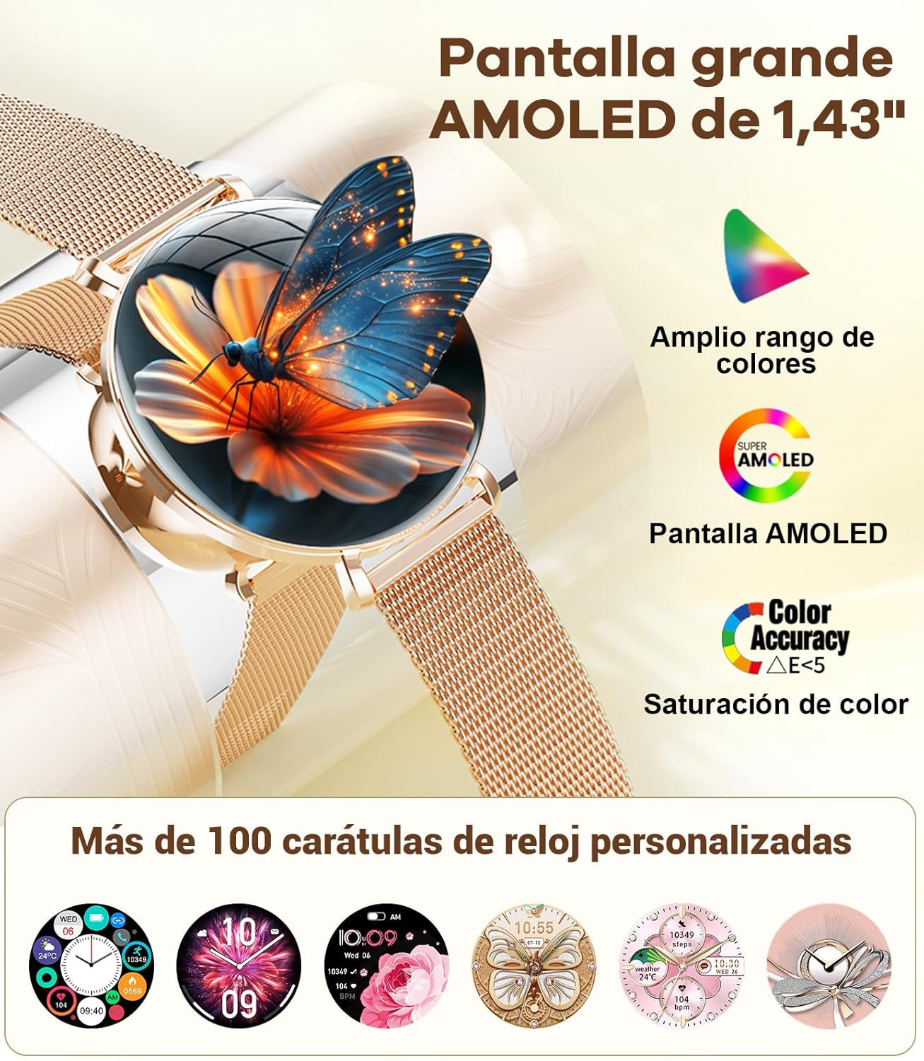 Thumbnail 1 de ESFOE Smartwatch Mujer 1.43'' AMOLED Bluetooth, Oro Rosa 💖