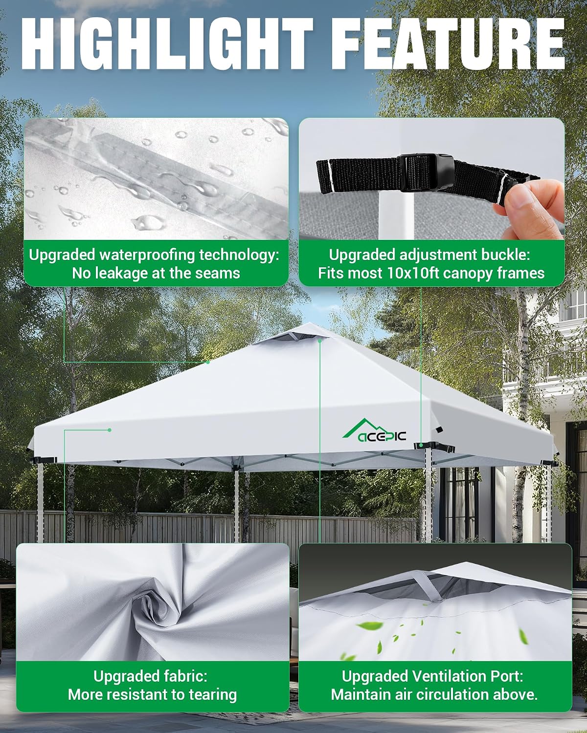 Detalle de Acepic AC-CT-10x10 Canopy Replacement Top, White, Vented and Waterproof