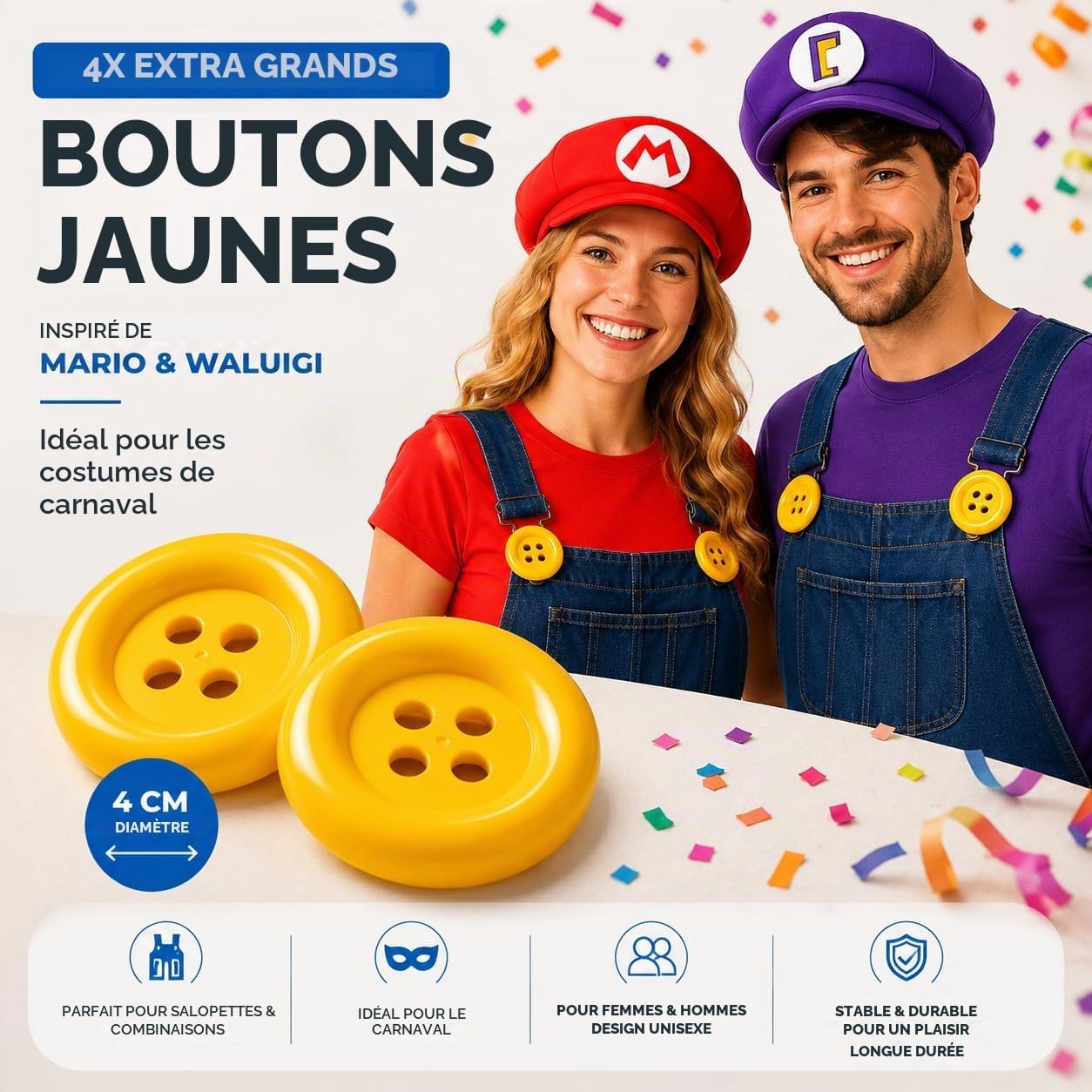 Detalle de FASCHINFEVER extra grote gele knopen, geïnspireerd door Mario en Waluigi