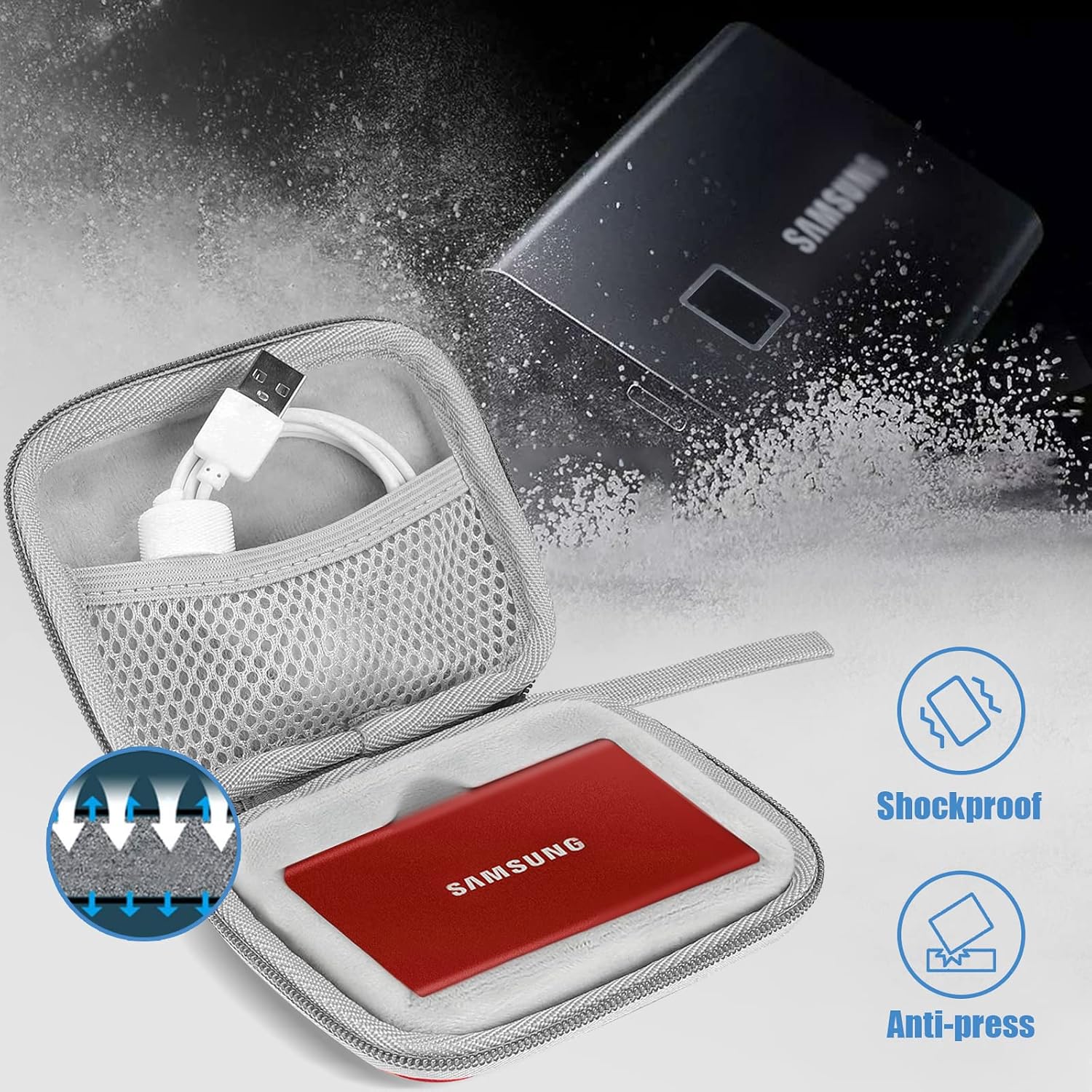 Detalle 2 de ProCase Stoßfeste Festplatten-Tasche für Samsung T7 / T7 Touch Portable SSD (rot)