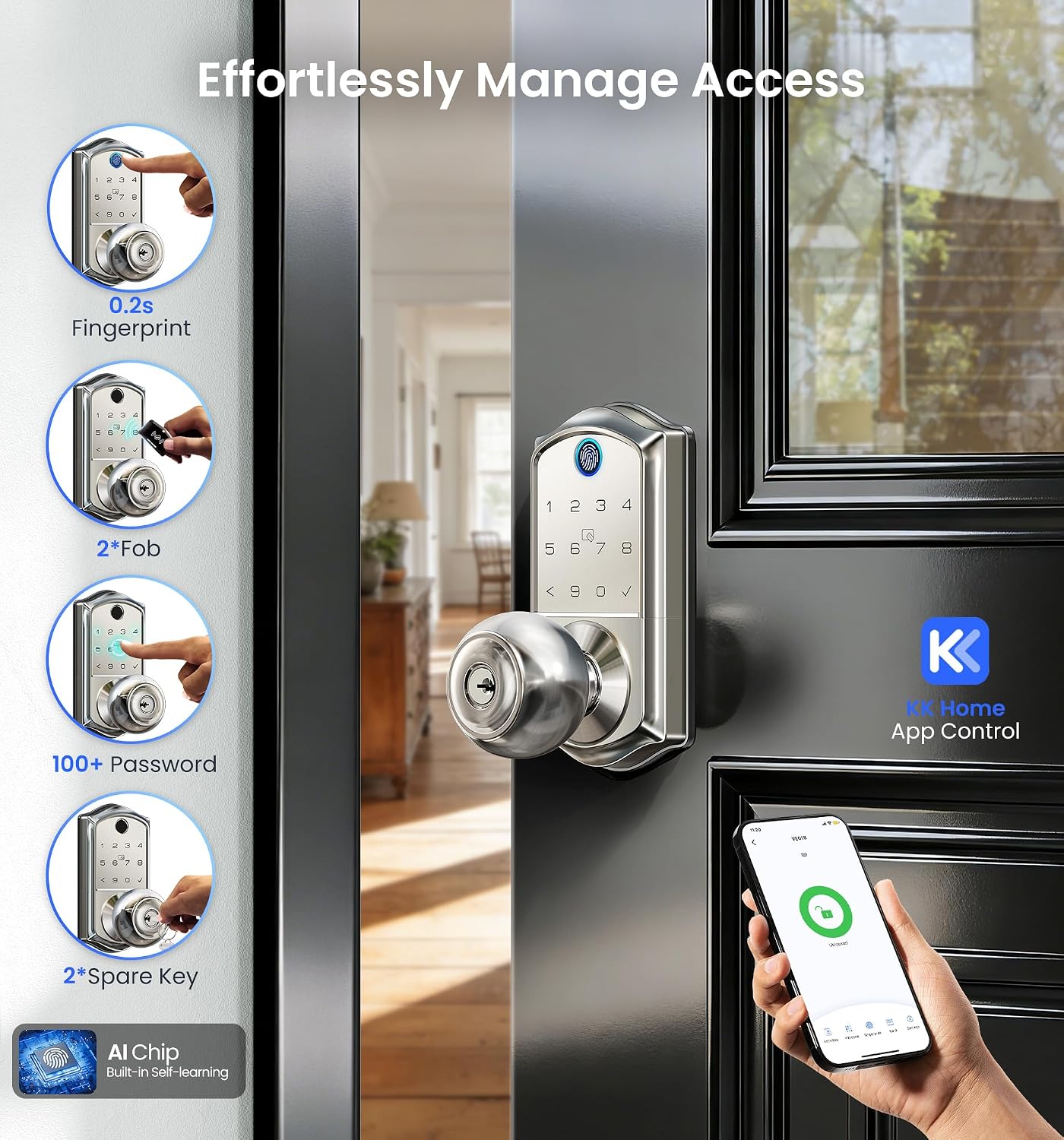 Detalle 2 de Veise Smart Door Knob Lock, Satin Nickel