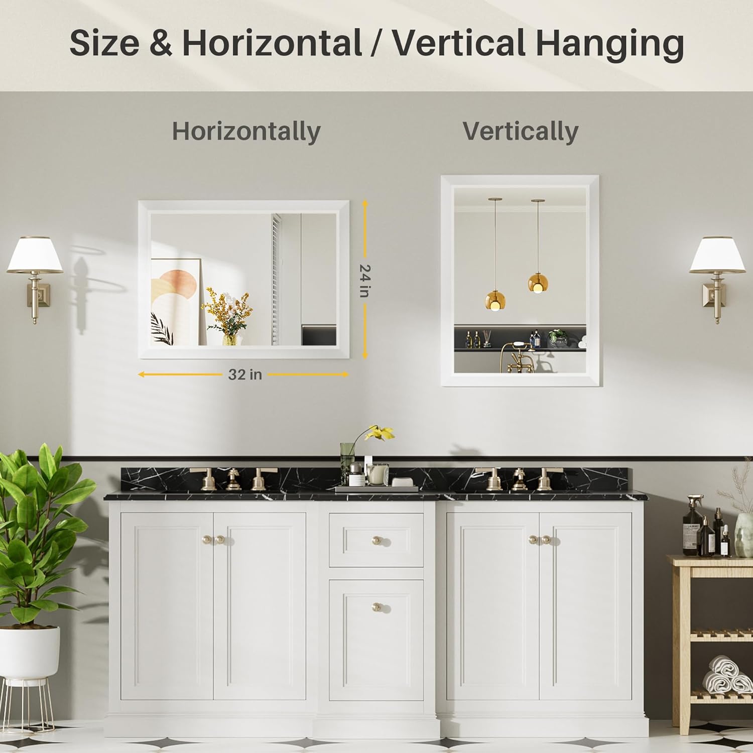 Thumbnail 4 de 24x32 Inch White Bathroom Mirror with Thick Metal Frame, Tempered Glass (Over Sink, Wall Mount)