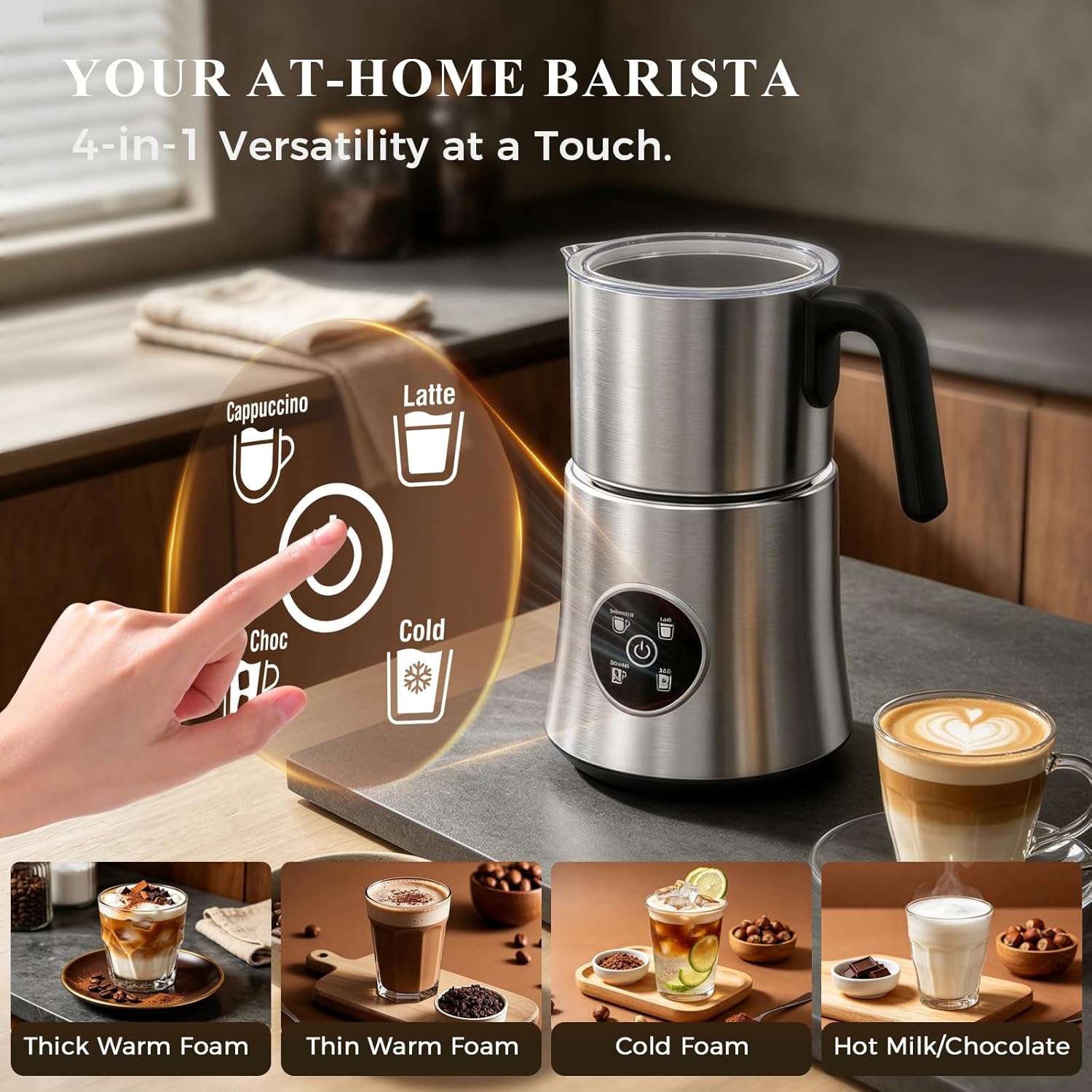 Detalle 2 de Milk Frother and Steamer with Detachable Stainless Steel Jug — 4-in-1 Foam Maker for Hot & Cold Froth