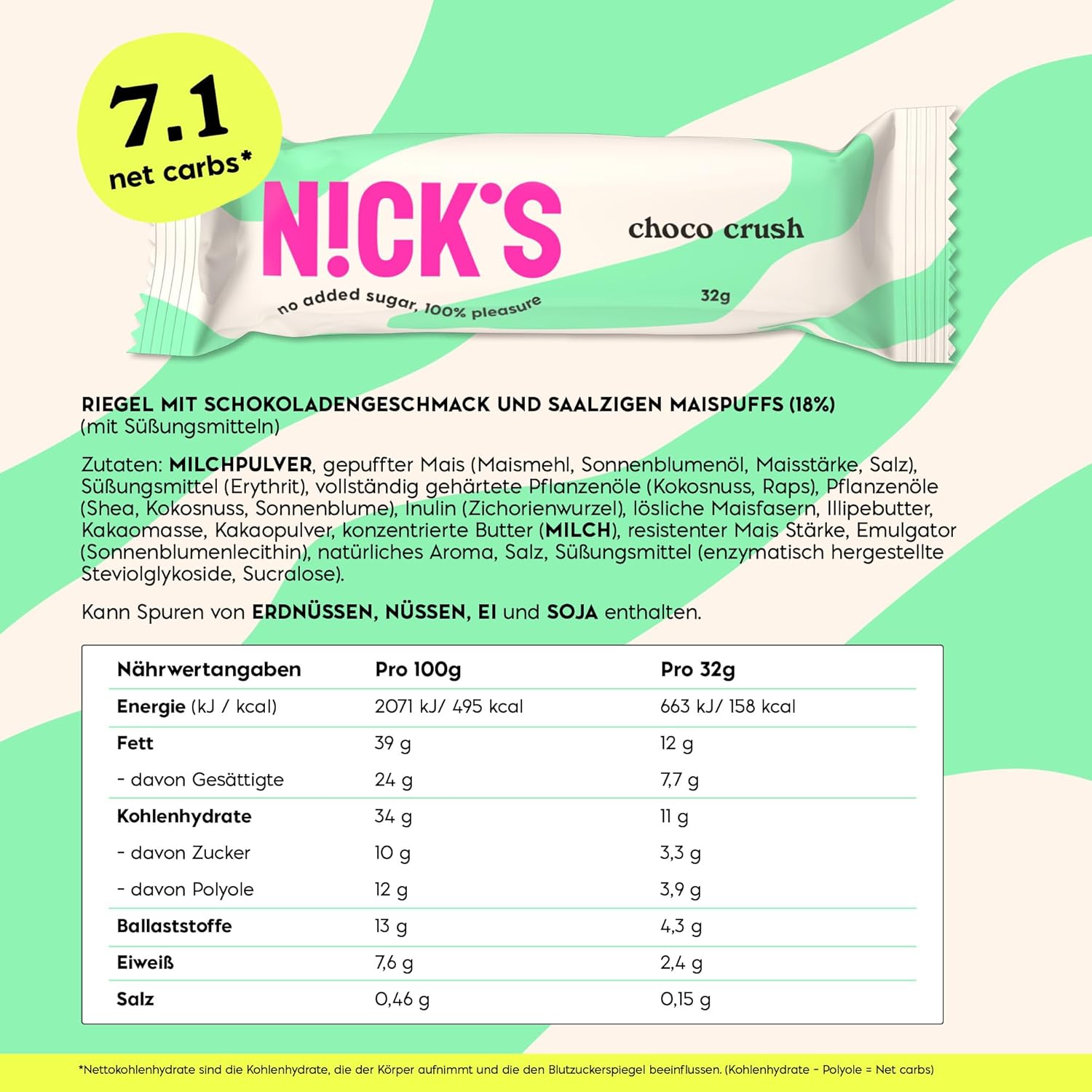 Thumbnail 1 de NICKS Choco Crush Snack Riegel (15x32 g) mit gesalzenen Maispuffern – ohne Zuckerzusatz, glutenfrei, kohlenhydratarm