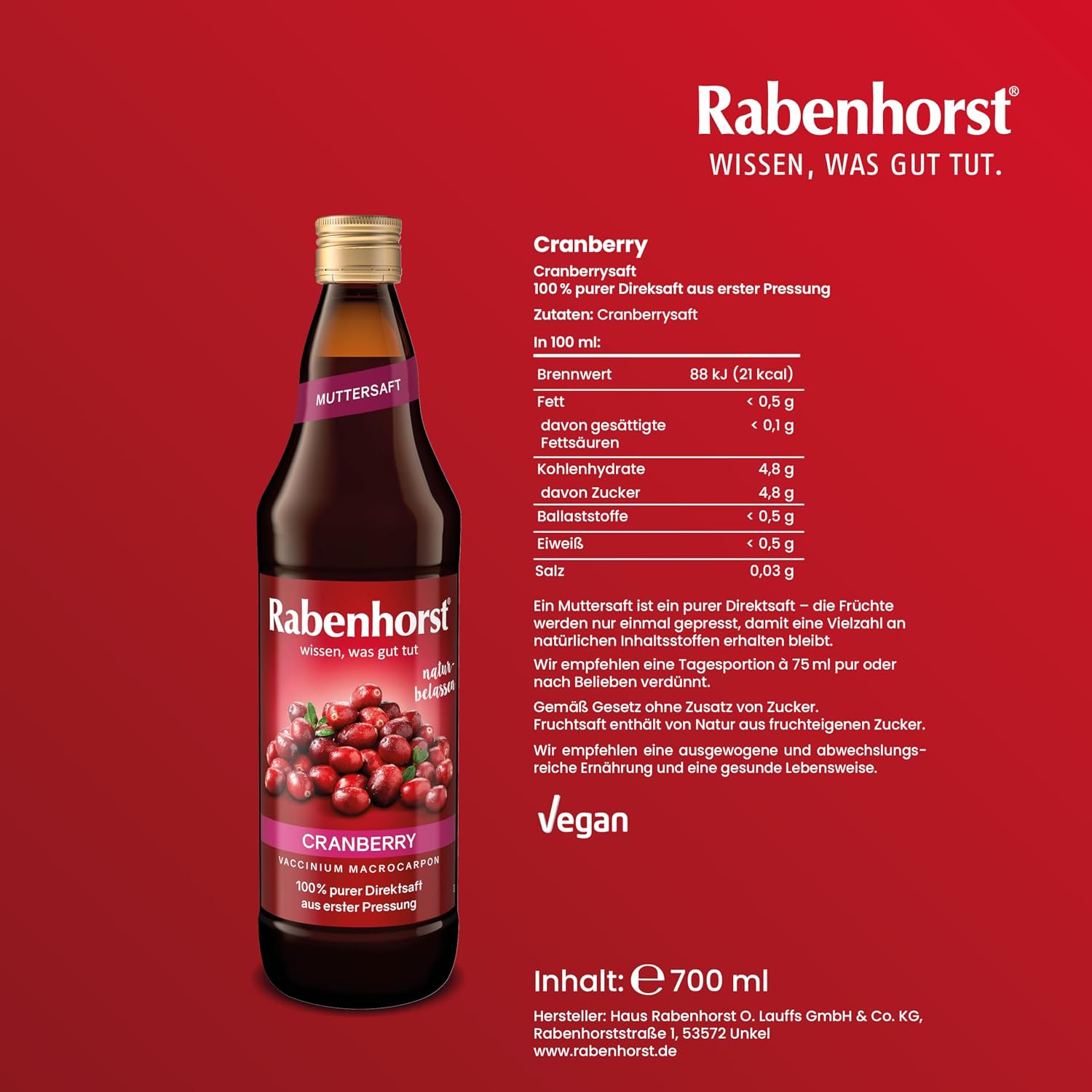 Detalle 2 de RABENHORST Cranberry Muttersaft 3er Pack (3 x 700 ml) – Direktsaft aus erster Pressung