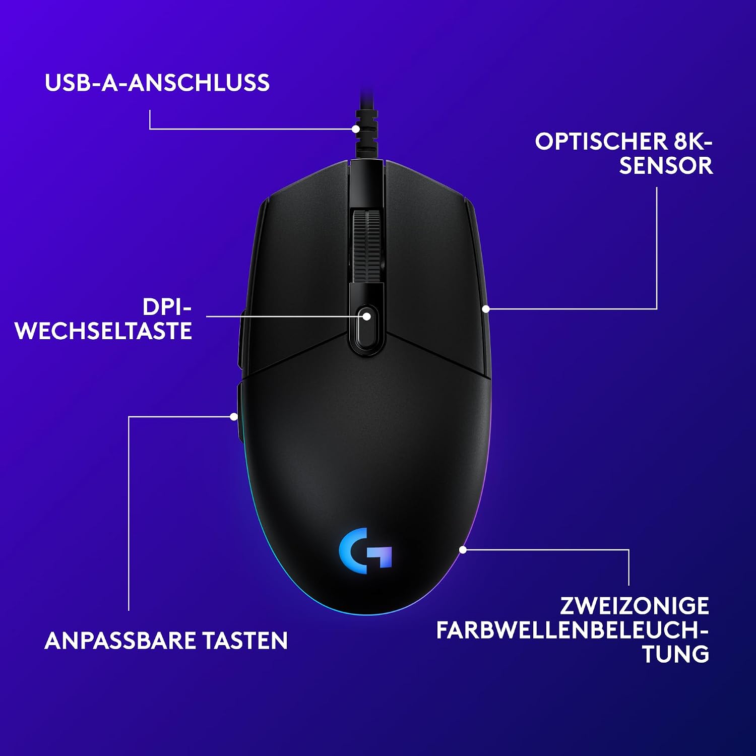 Detalle de Logitech G G203 Gaming-Maus mit LIGHTSYNC RGB, 6 programmierbaren Tasten und 8.000-DPI-Sensor (schwarz)