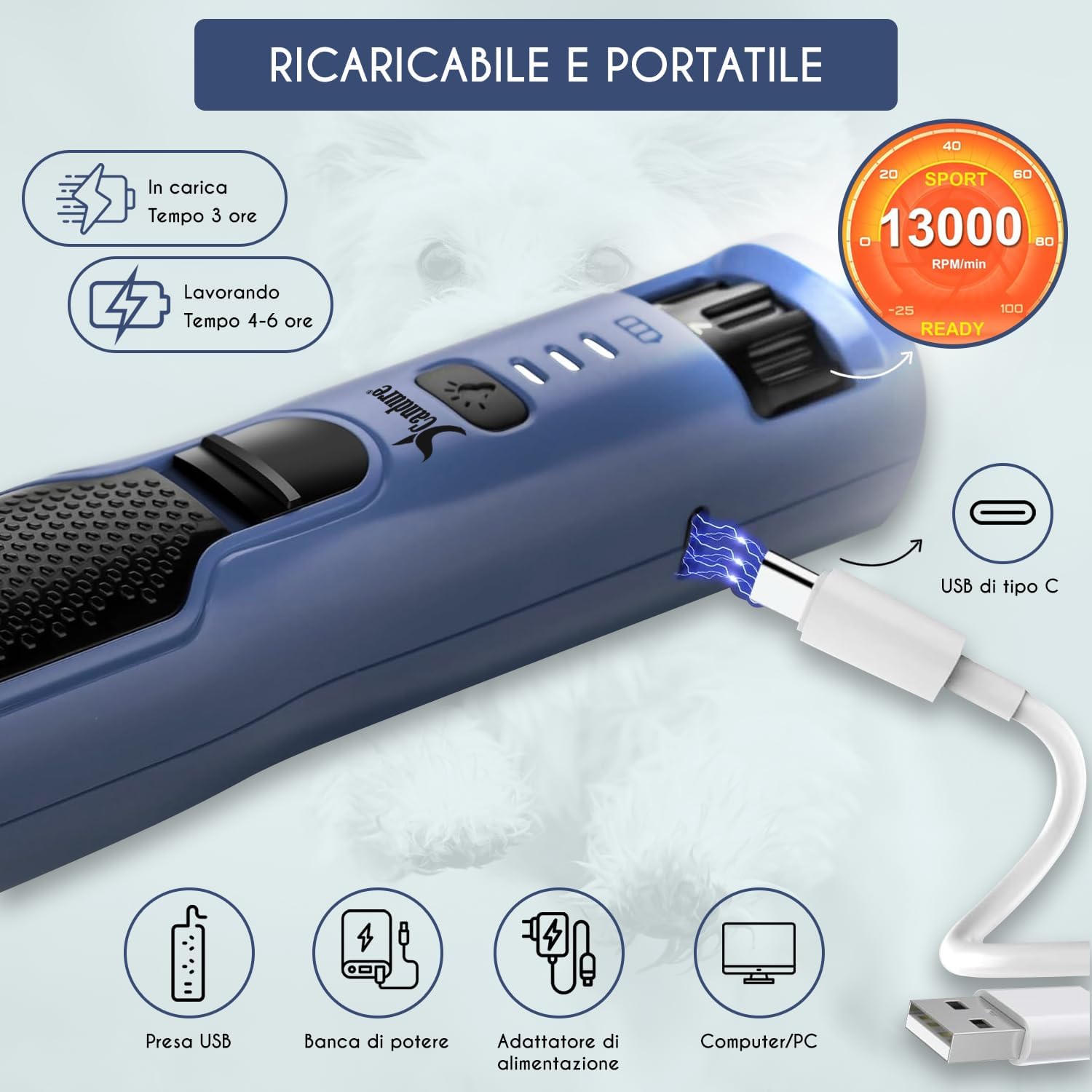 Detalle de Candure Lima Elettrica per Unghie di Cani e Gatti – 7 Velocità, LED 360°, ricaricabile, con testina extra