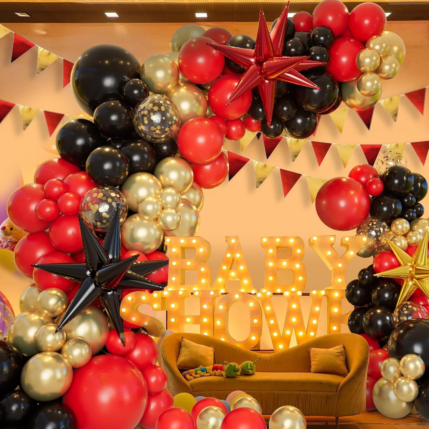 Thumbnail 3 de 161Pcs Red Black Gold Balloon Garland Arch Kit with Explosion Star Foil Balloons for Graduation Anniversary Birthday Party Decorations