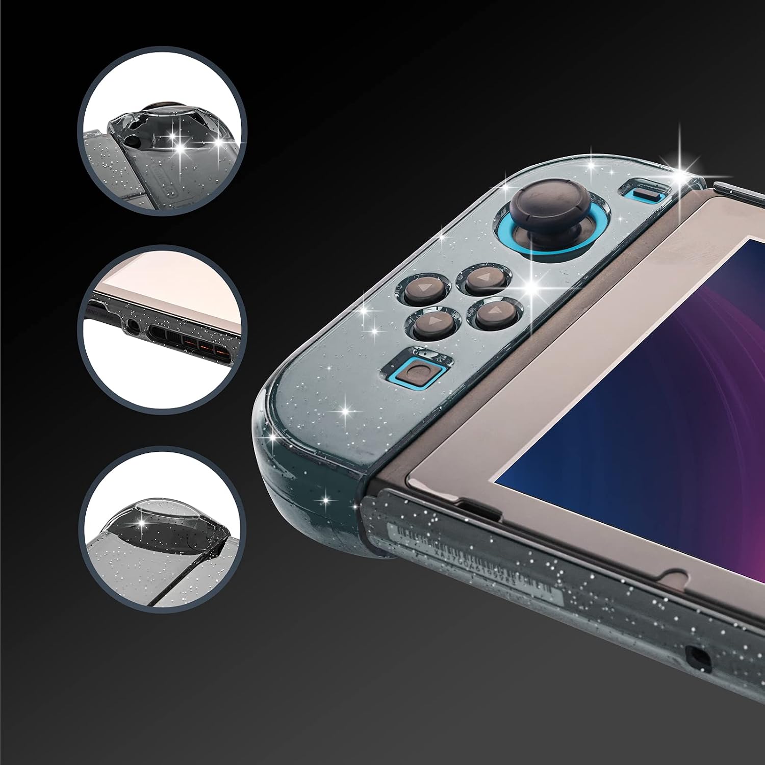 Detalle de HEATFUN Glitter Case for Nintendo Switch, Black Hard Shell with Screen Protector