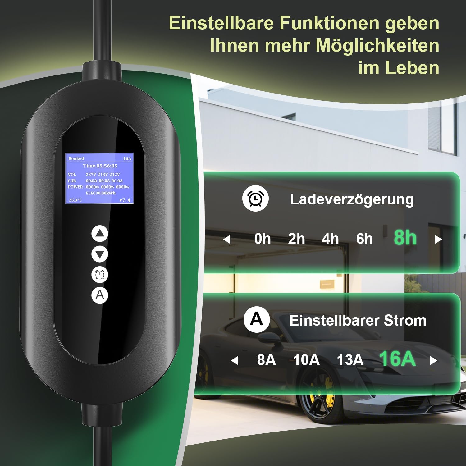 Detalle de FNITAER Mobile Wallbox 11 kW mit CEE 16A Stecker (3-phasig) – Typ-2 Kabel 6 m, Zähler & Timer, Schwarz