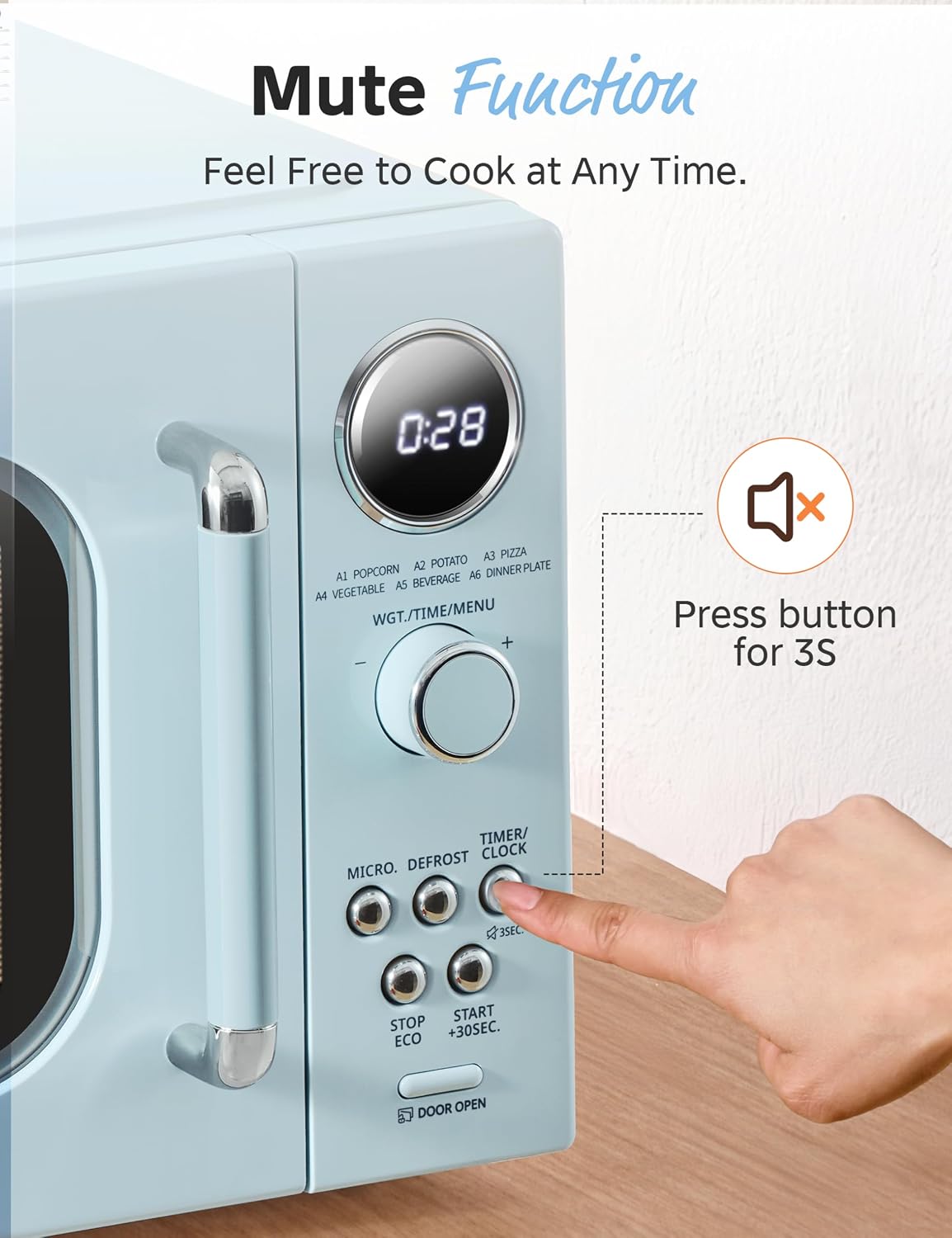Detalle de COMFEE' Retro Microwave Oven (CMO-MMP02AAGN) – 0.9 cu.ft, 900W, Green, 6 Auto Menus