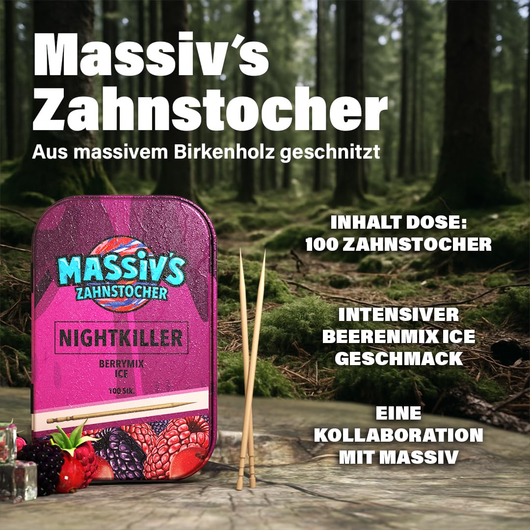 Thumbnail 1 de Massiv’s Zahnstocher NIGHTKILLER Berrymix Ice – 100 aromatisierte Zahnstocher in stylischer Metalldose