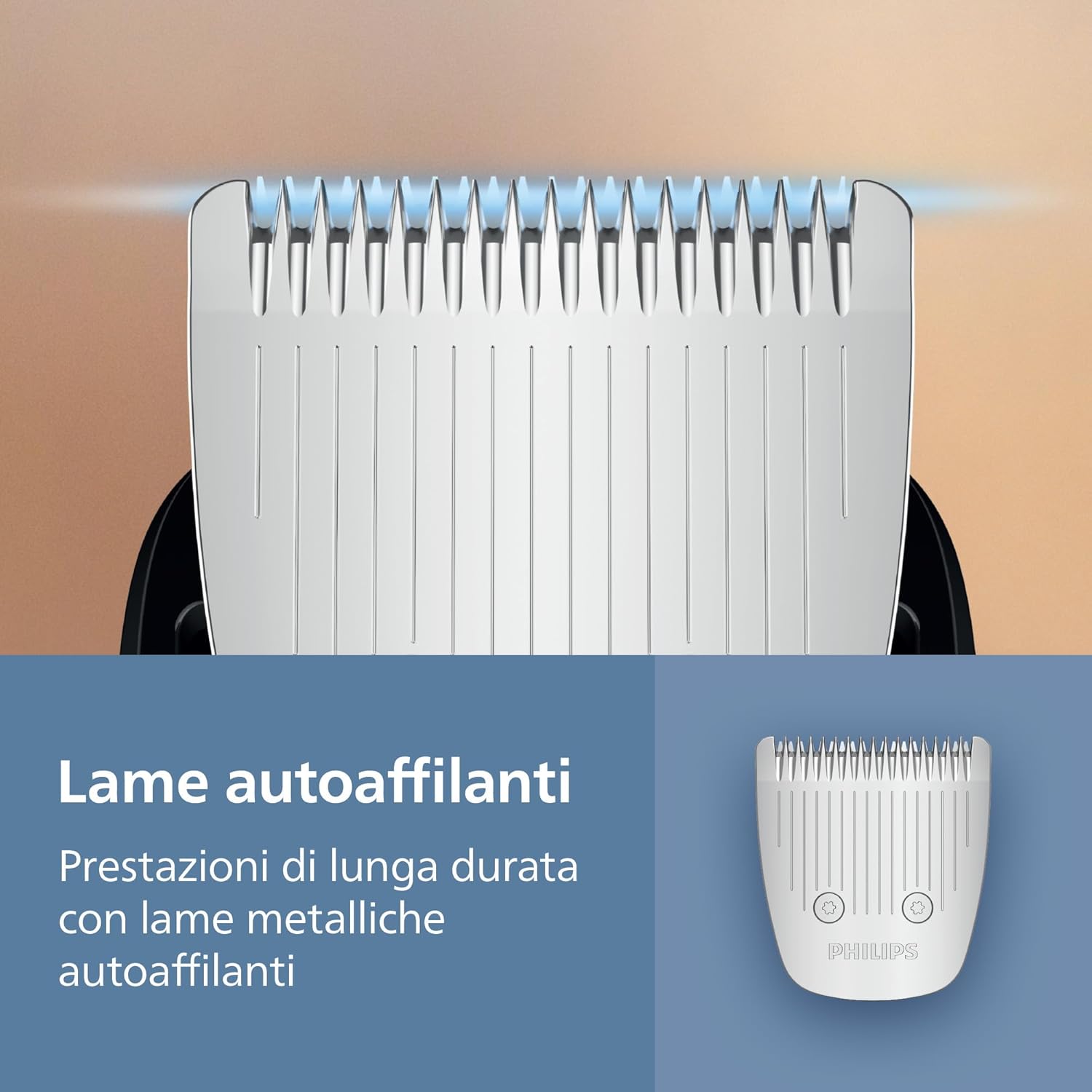 Detalle de Regolabarba Philips serie 5000 BT5765/15: lame metalliche autoaffilanti e BeardSense