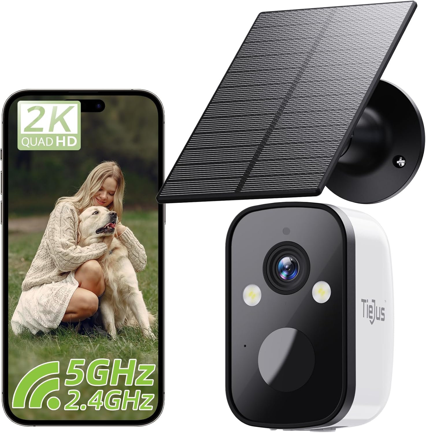 Detalle de TIEJUS 2K Solar-Überwachungskamera außen (Akku, 5G/2,4-GHz WLAN, IP66, Nachtsicht in Farbe)