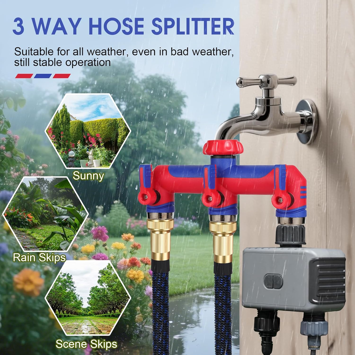 Detalle de 3 Way Hose Splitter: Garden Hose Connector with Shutoff Valves for Simultaneous Use