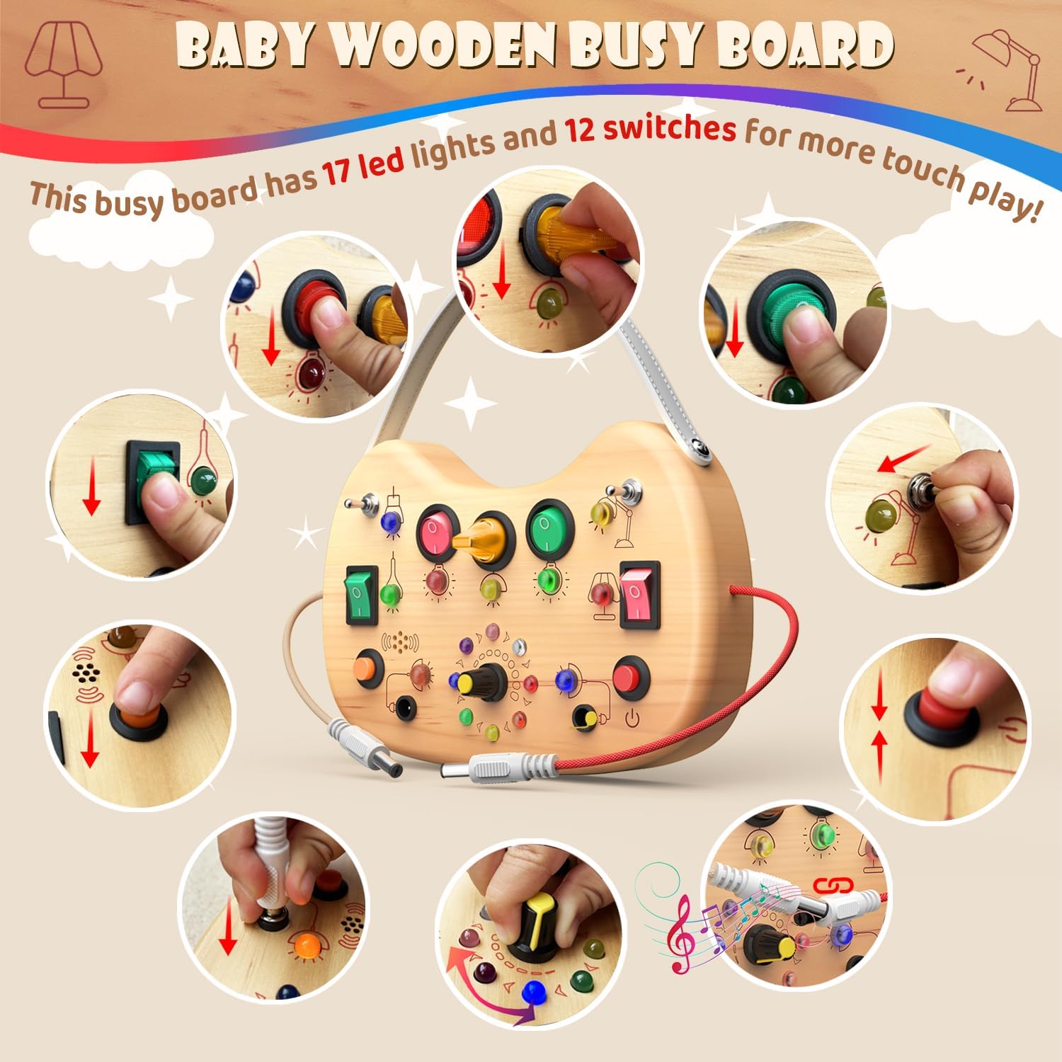 Thumbnail 1 de UdoUto Montessori Wooden Busy Board for Toddlers with LED Lights and Switches