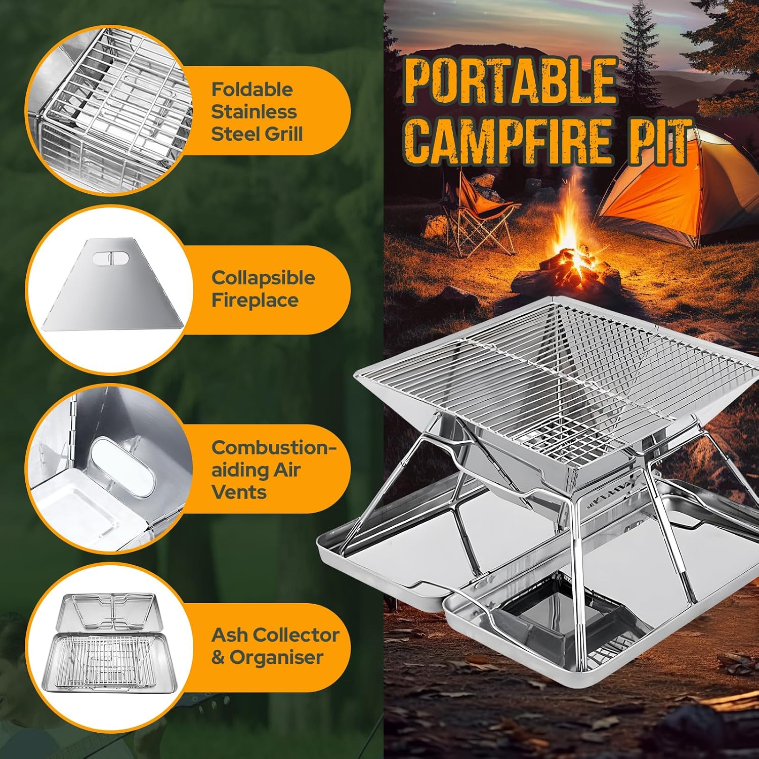 Detalle de Hanviter Portable Fire Pit for Camping – Collapsible stainless steel grill with carry box for BBQs, picnics and bonfires