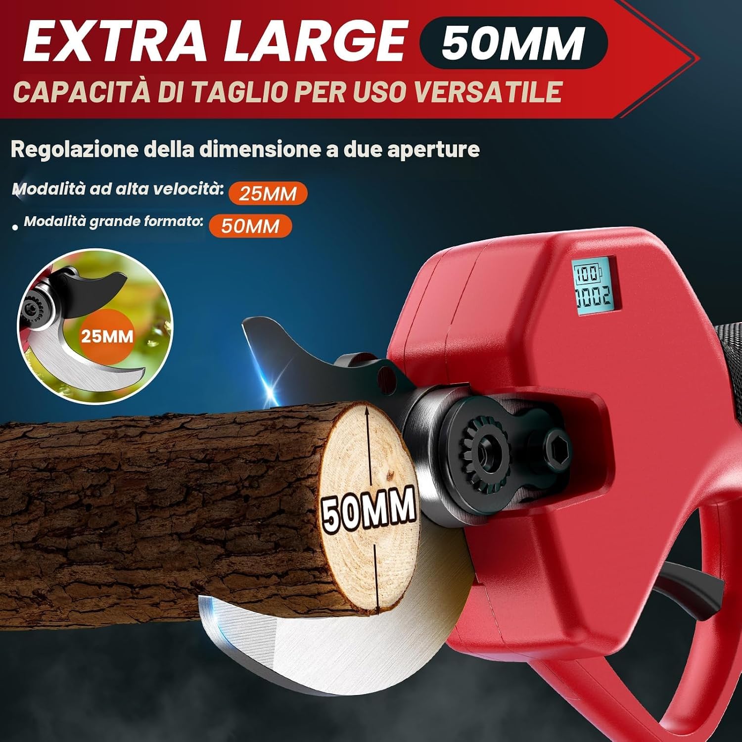 Detalle de Forbici Potatura a Batteria con Asta 2 m e Lama 50 mm (21V, 2 batterie 2Ah) per frutteto e giardino