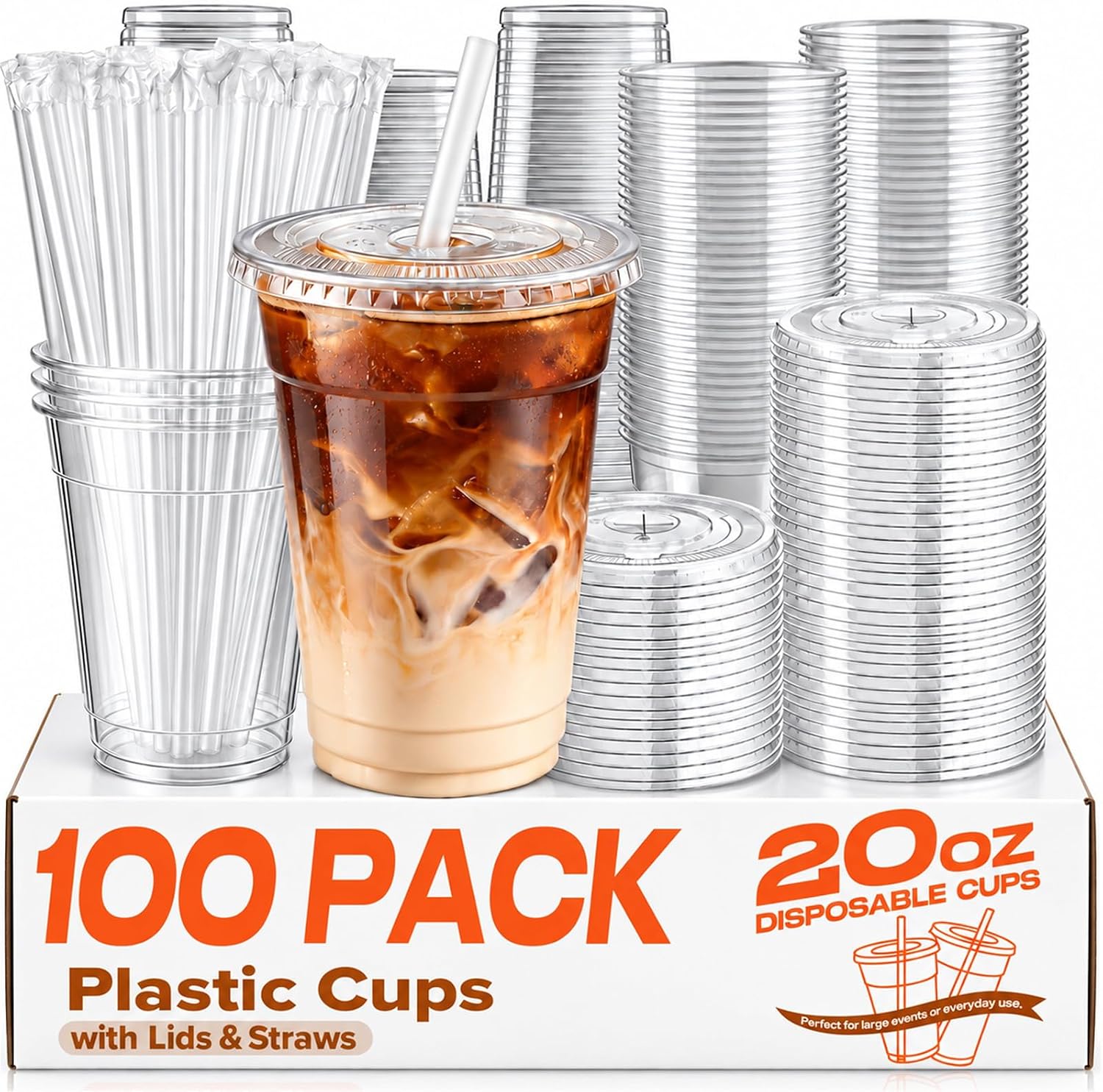 Detalle de PODJULFA xi 20 oz Disposable Plastic Cups with Lids and Straws, 100 Pack