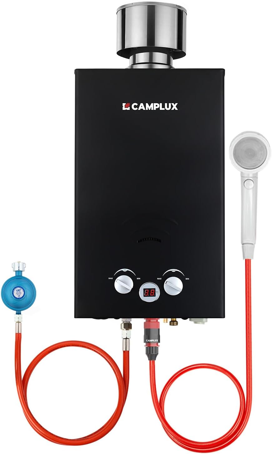 Camplux BW264BC-DE Gas-Durchlauferhitzer 10L/min – Propan/Butan, 50 mbar, Edelstahl-Abdeckdeckel