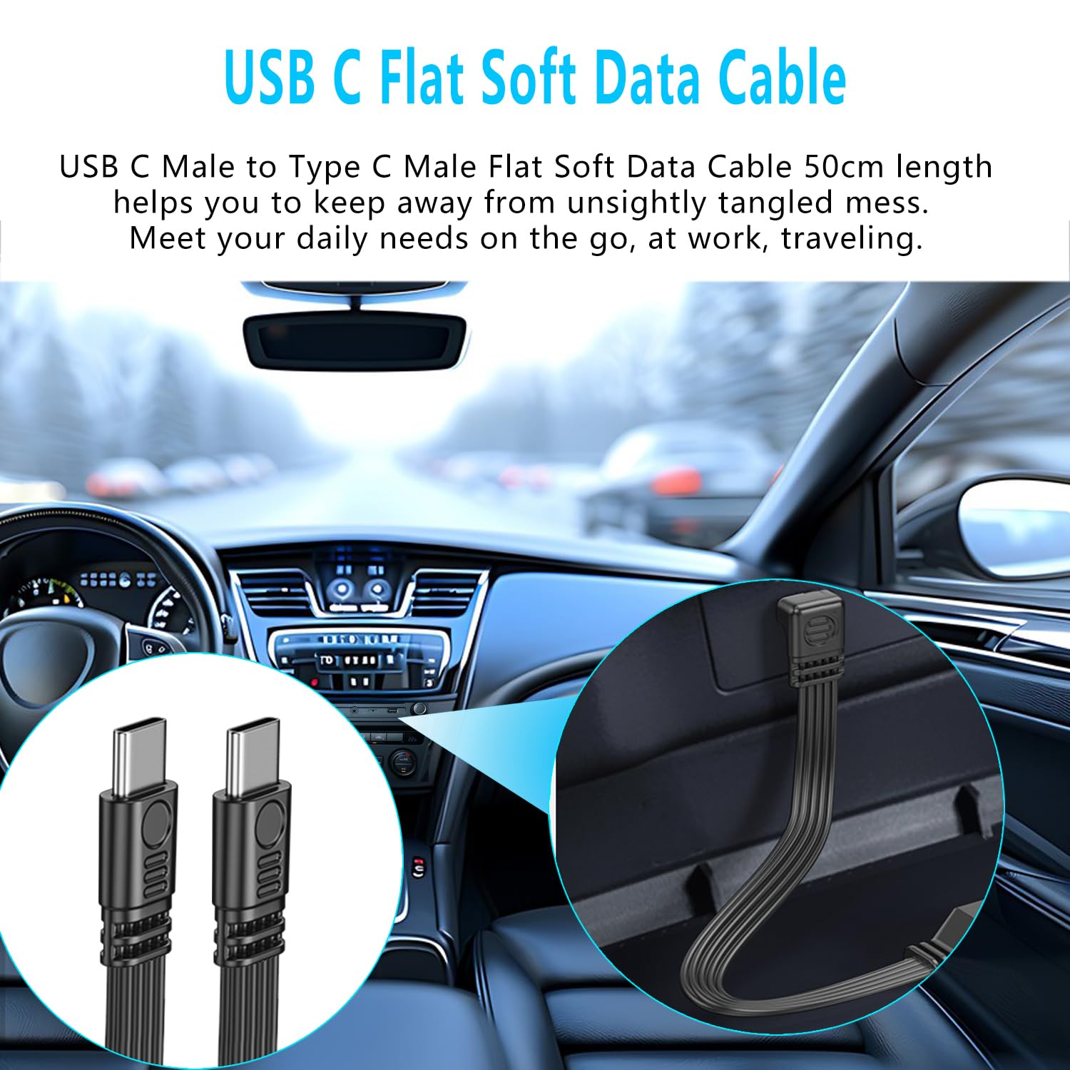 Thumbnail 3 de LANMINGLEL Short 90 Degree USB Type-C 2.0 Flat Cable (50cm) – PD 65W, Fast Charge & Data Sync