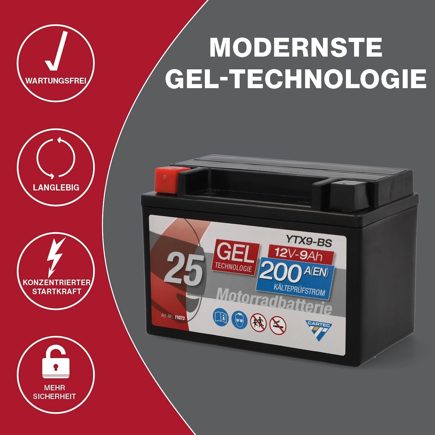 Thumbnail 4 de CARTEC YTX9-BS Gel-Motorradbatterie 9Ah/200A – wartungsfrei, auslaufsicher