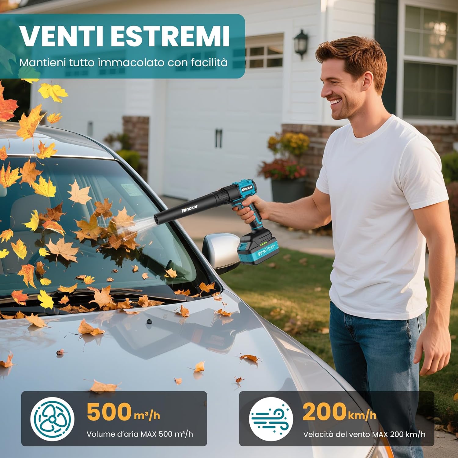 Detalle de Mini Soffiatore a Batteria Rinoxar: Potenza leggera per giardino, terrazza e auto