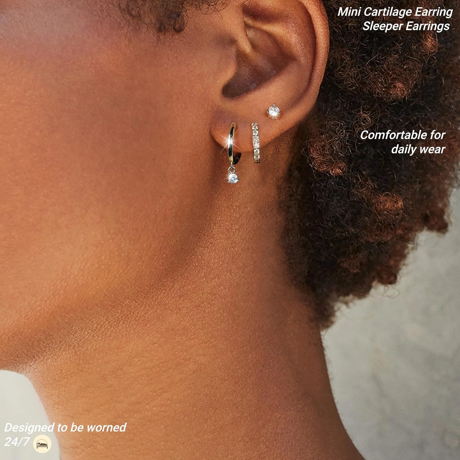 Thumbnail 4 de Macachii 3 Pairs Small Hoop Earrings Set in 925 Sterling Silver (plus CZ) for Multiple Piercings
